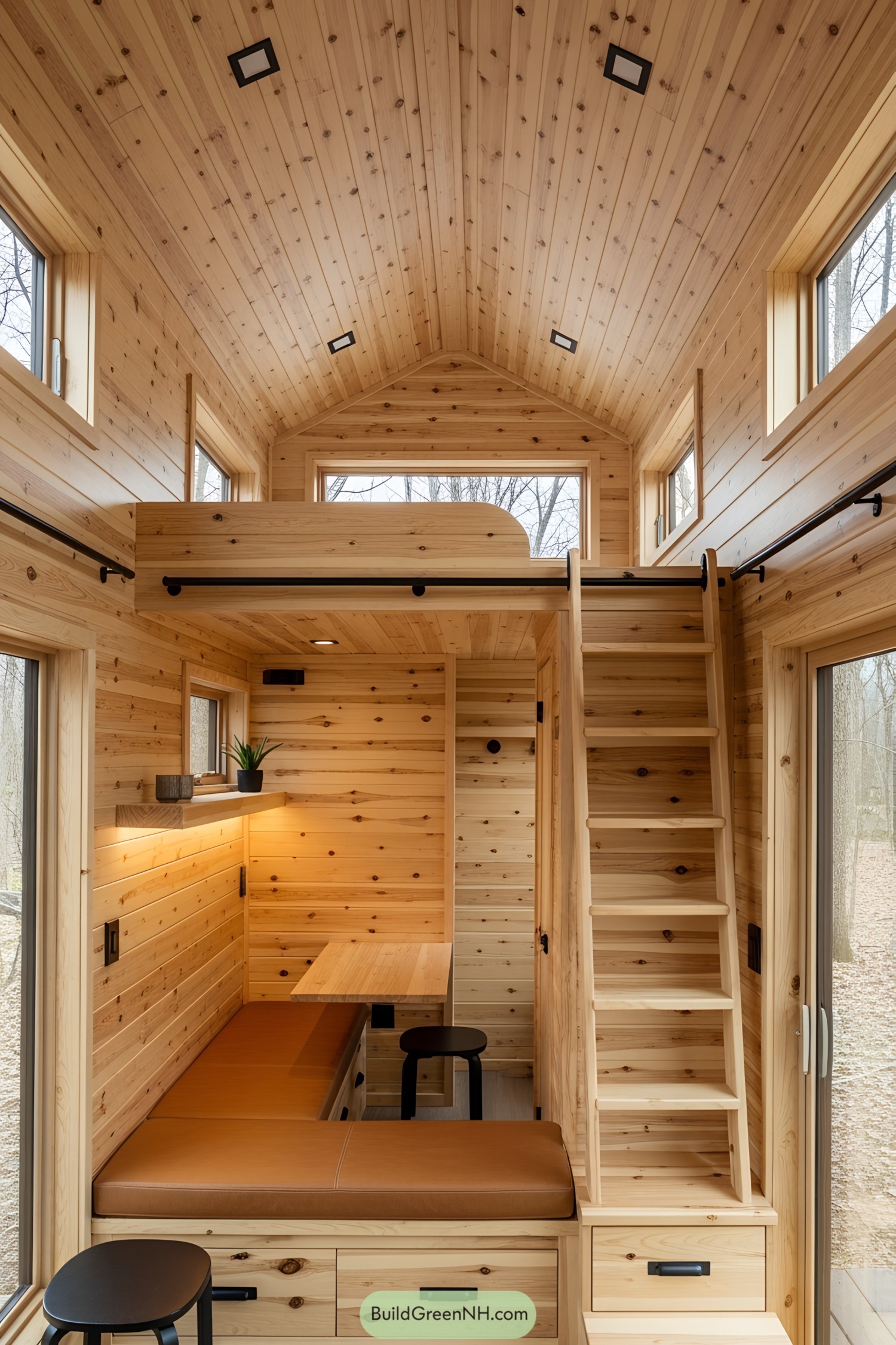 Cozy interior with wooden loft and built-in furniture