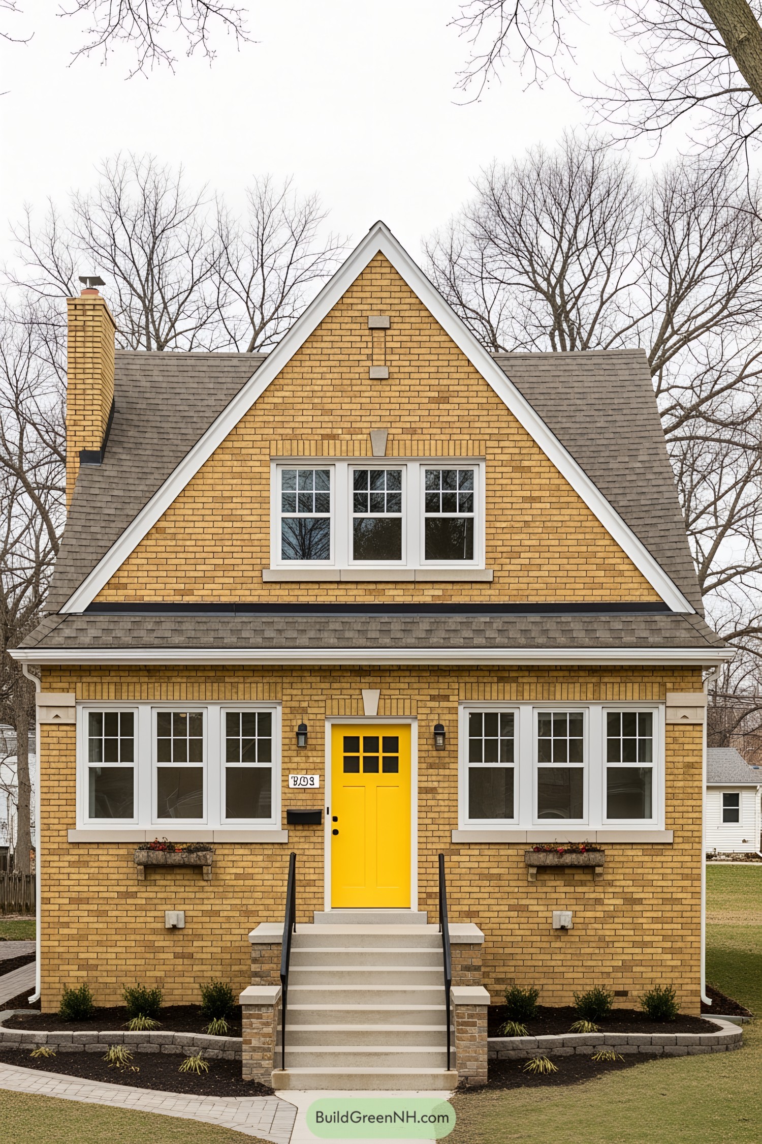 Front view of a yellow brick bungalow with a vibrant yellow door