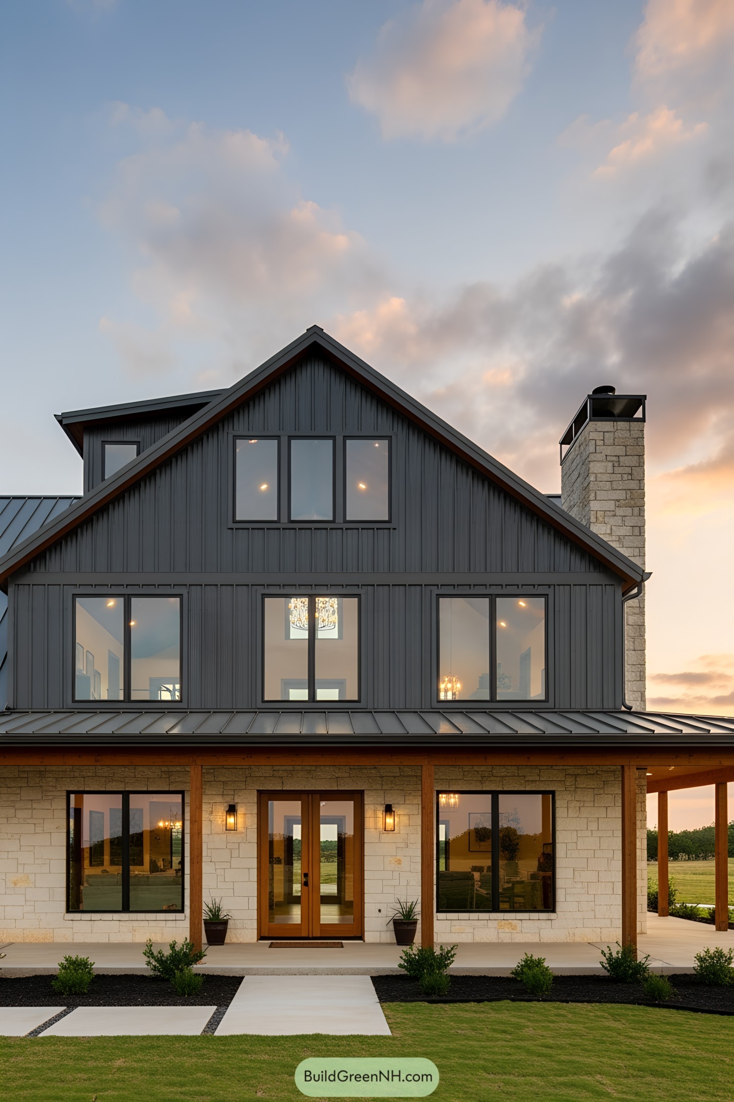 Spacious barnhouse with wraparound porch at sunset