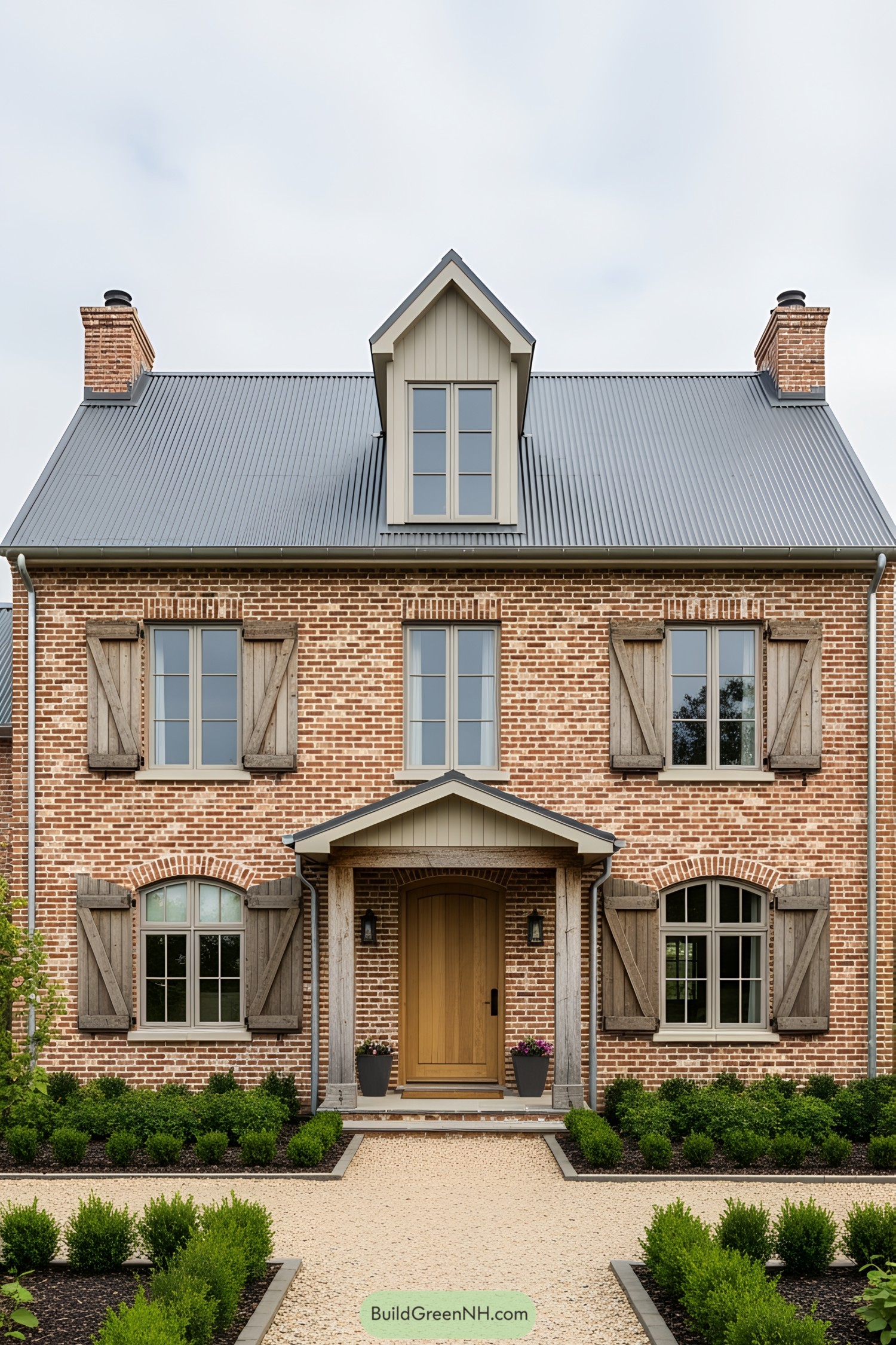 Brick farmhouse with symmetrical windows and wooden shutters