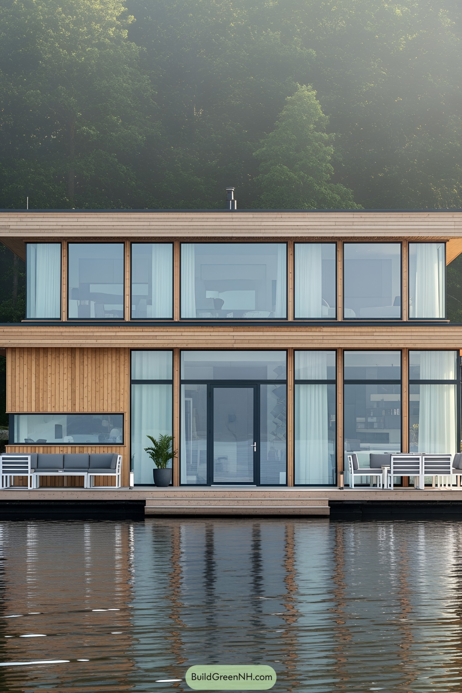 Stylish floating cottage with large windows and a wooden facade