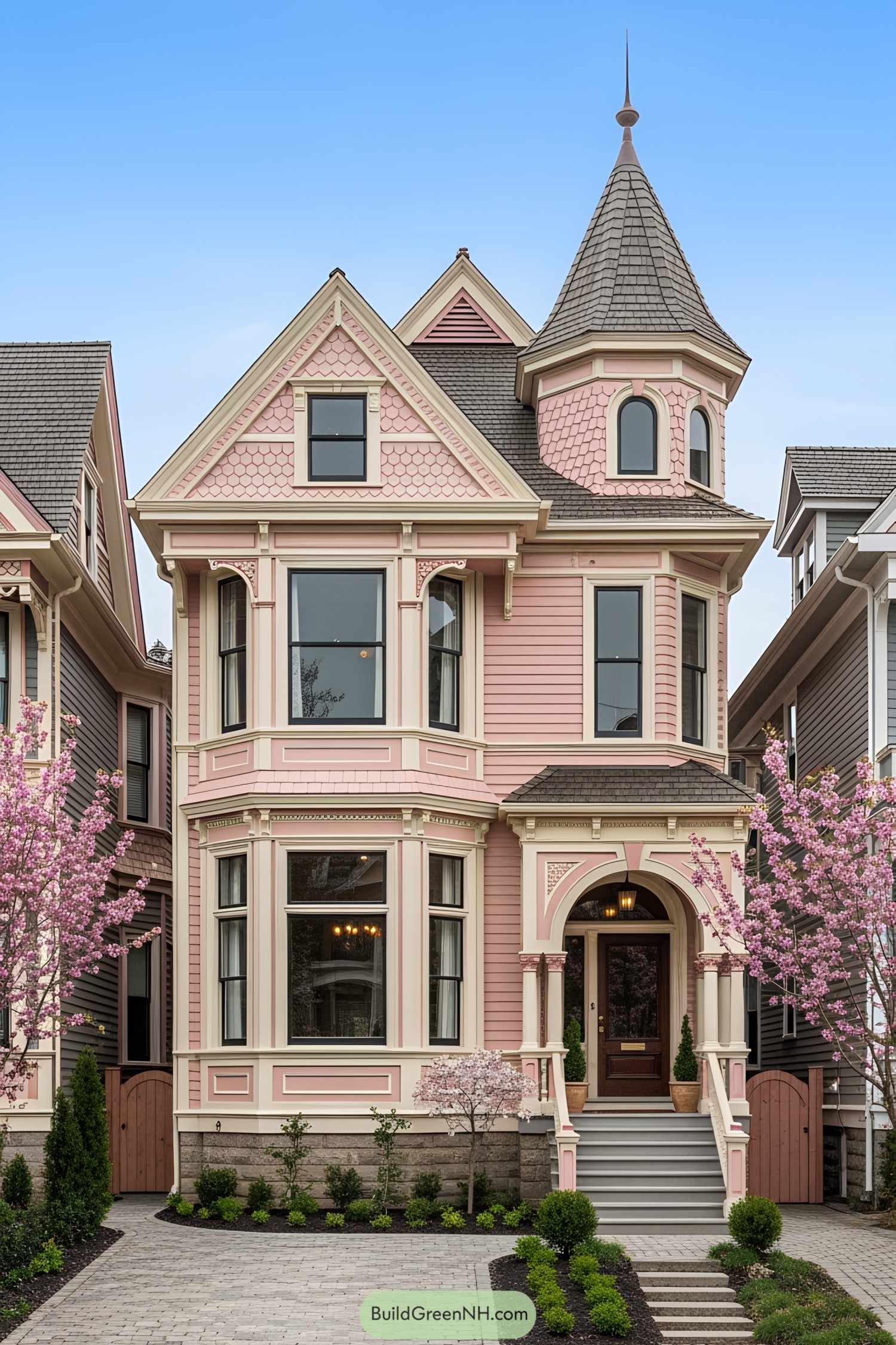 Pink Victorian house with turret and ornate details