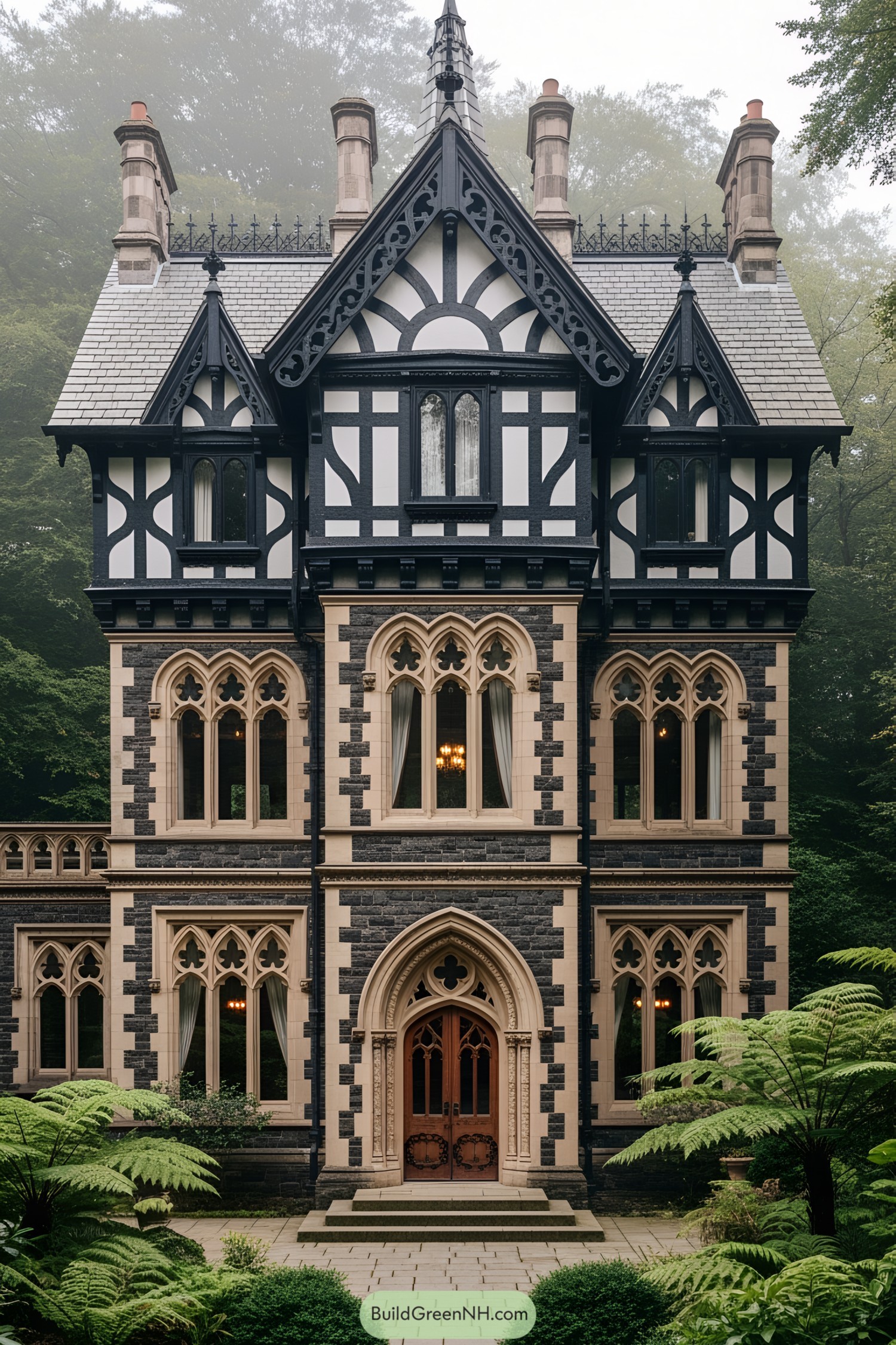 Gothic Victorian house surrounded by misty trees