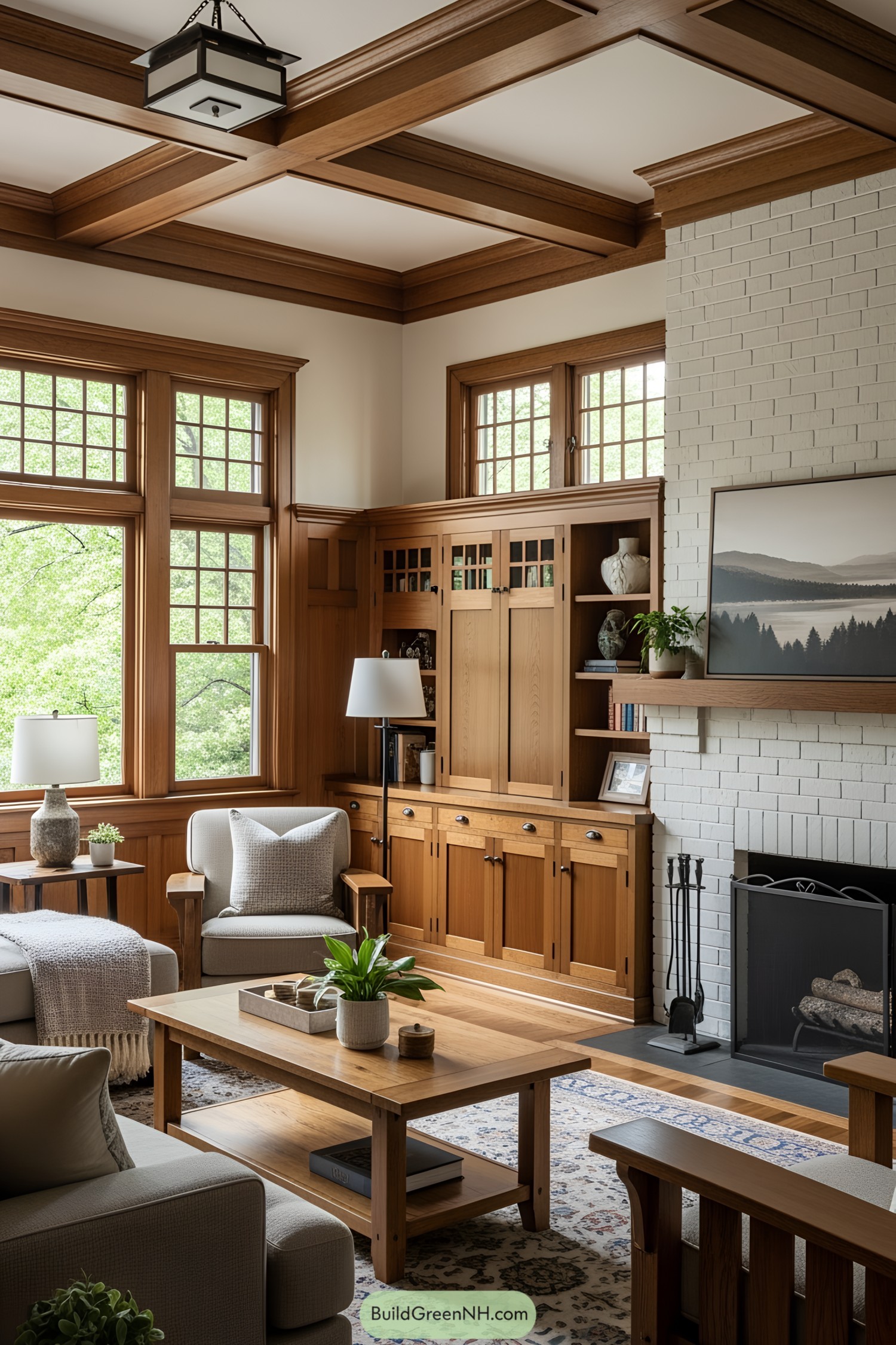 Craftsman-style living room with wood accents