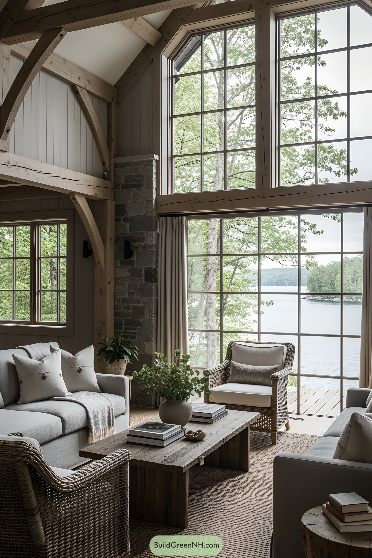 Bright and airy lake house living room with large windows