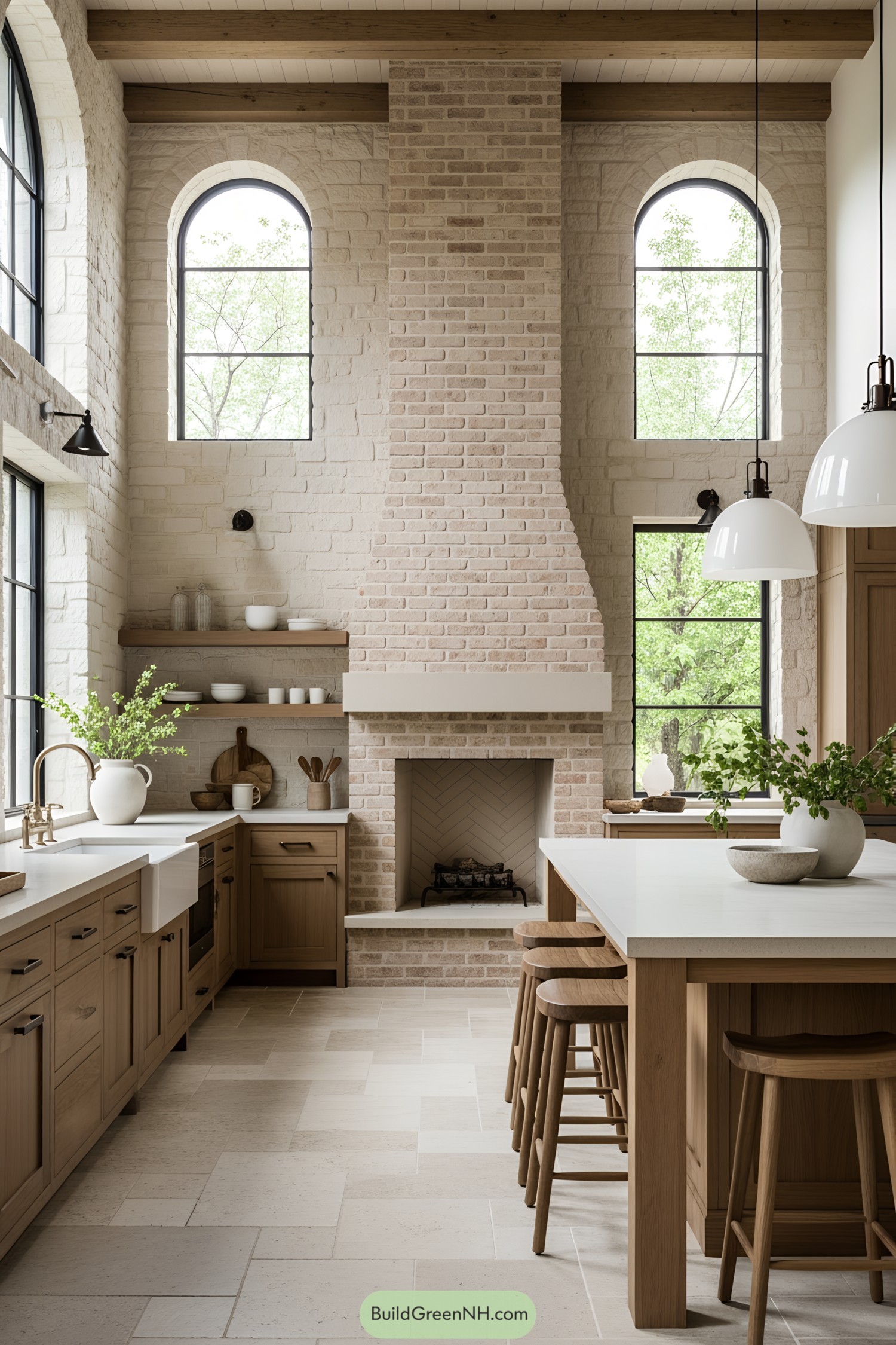 Rustic kitchen with brick details and high windows