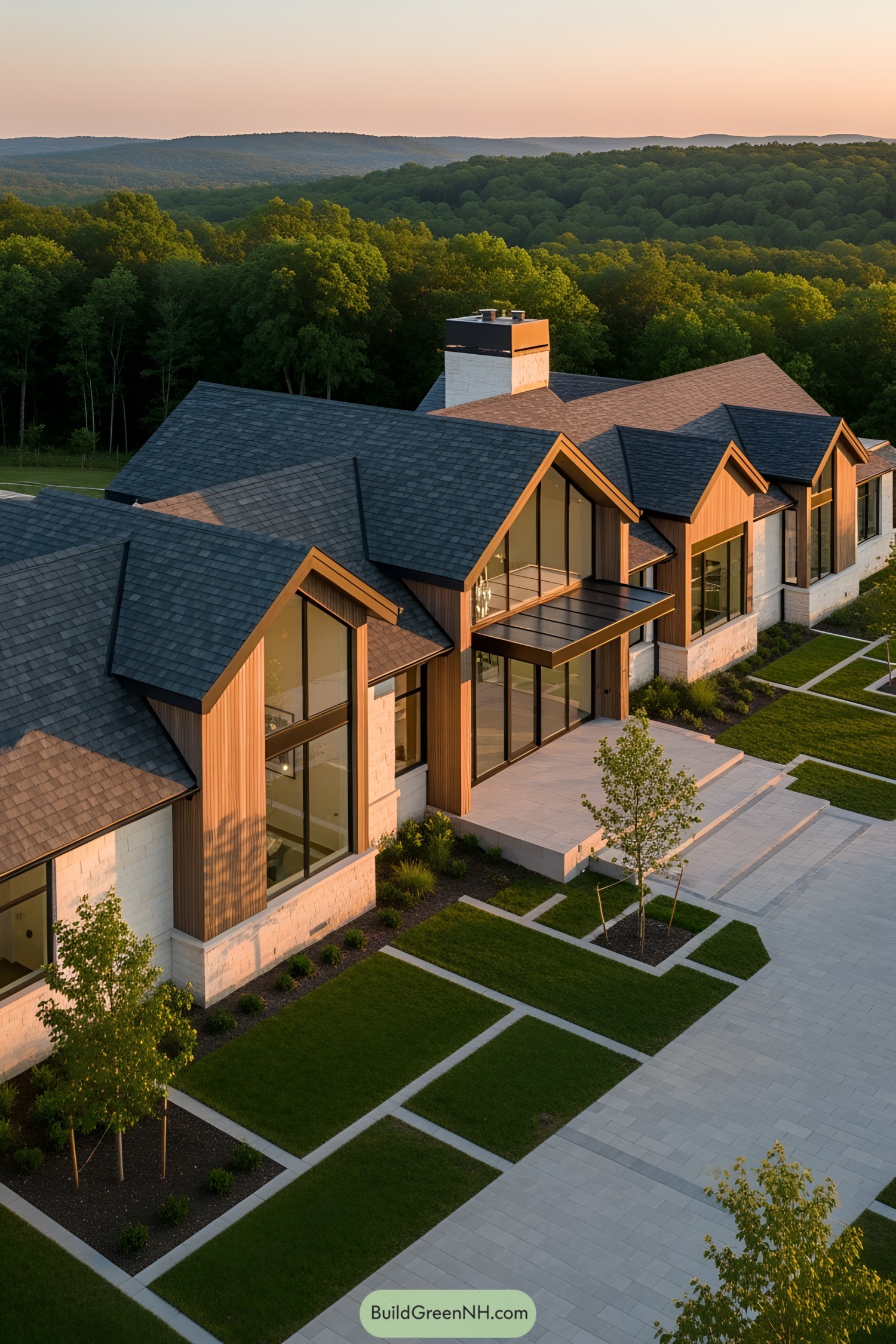 Luxury modern house with large windows and lush surroundings
