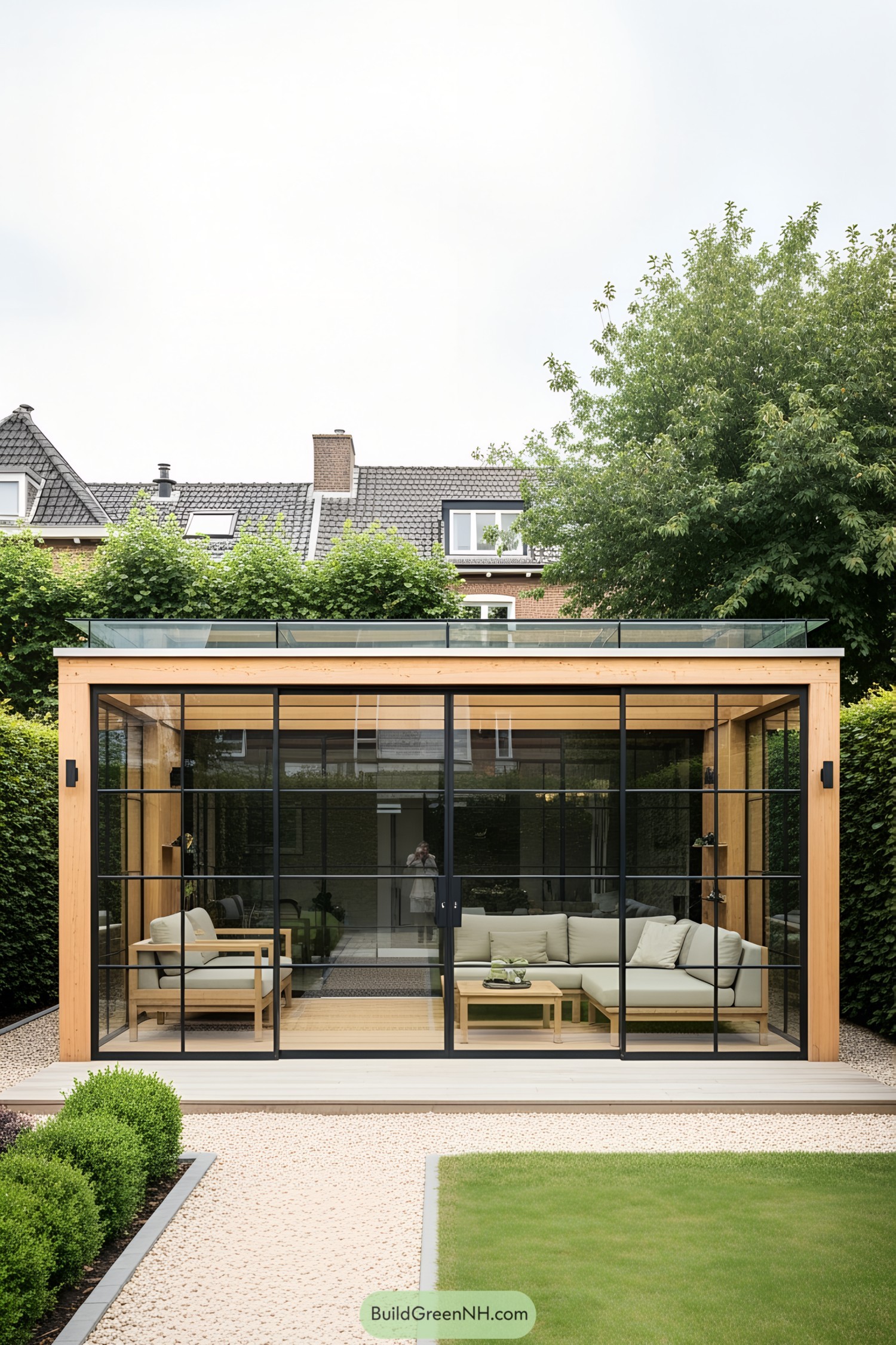 Modern glass terrace with comfortable seating
