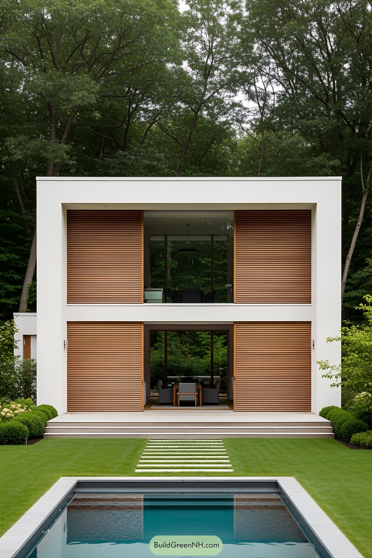 Modern pool house with wooden elements and greenery
