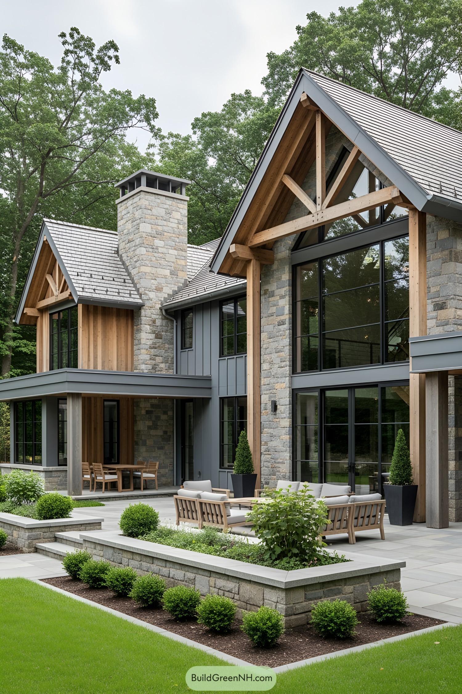 Contemporary rustic home with stone and timber elements