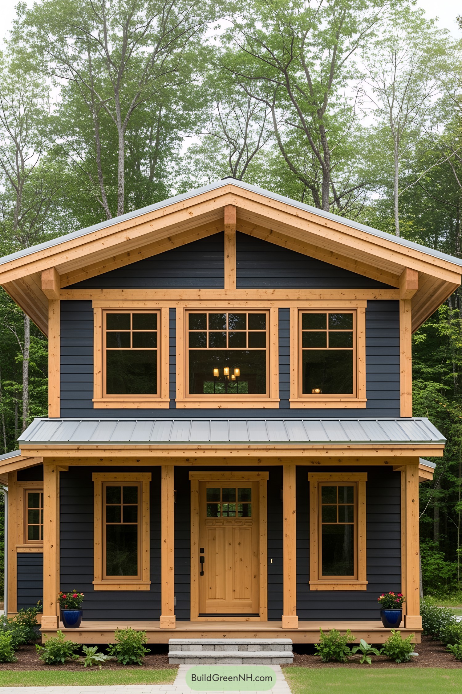 Wooden house with blue siding and large windows