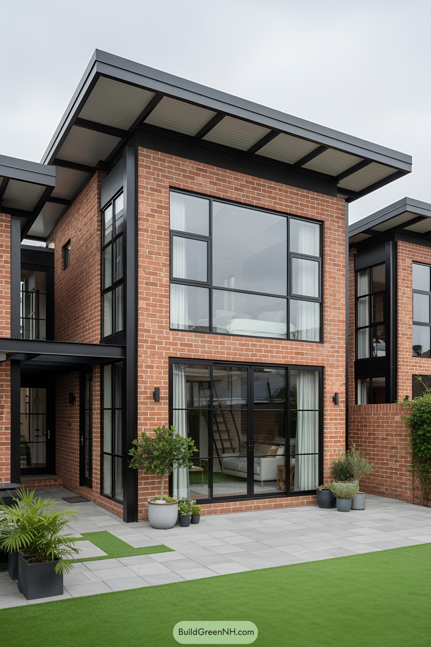 Red brick industrial house with large windows and sleek design