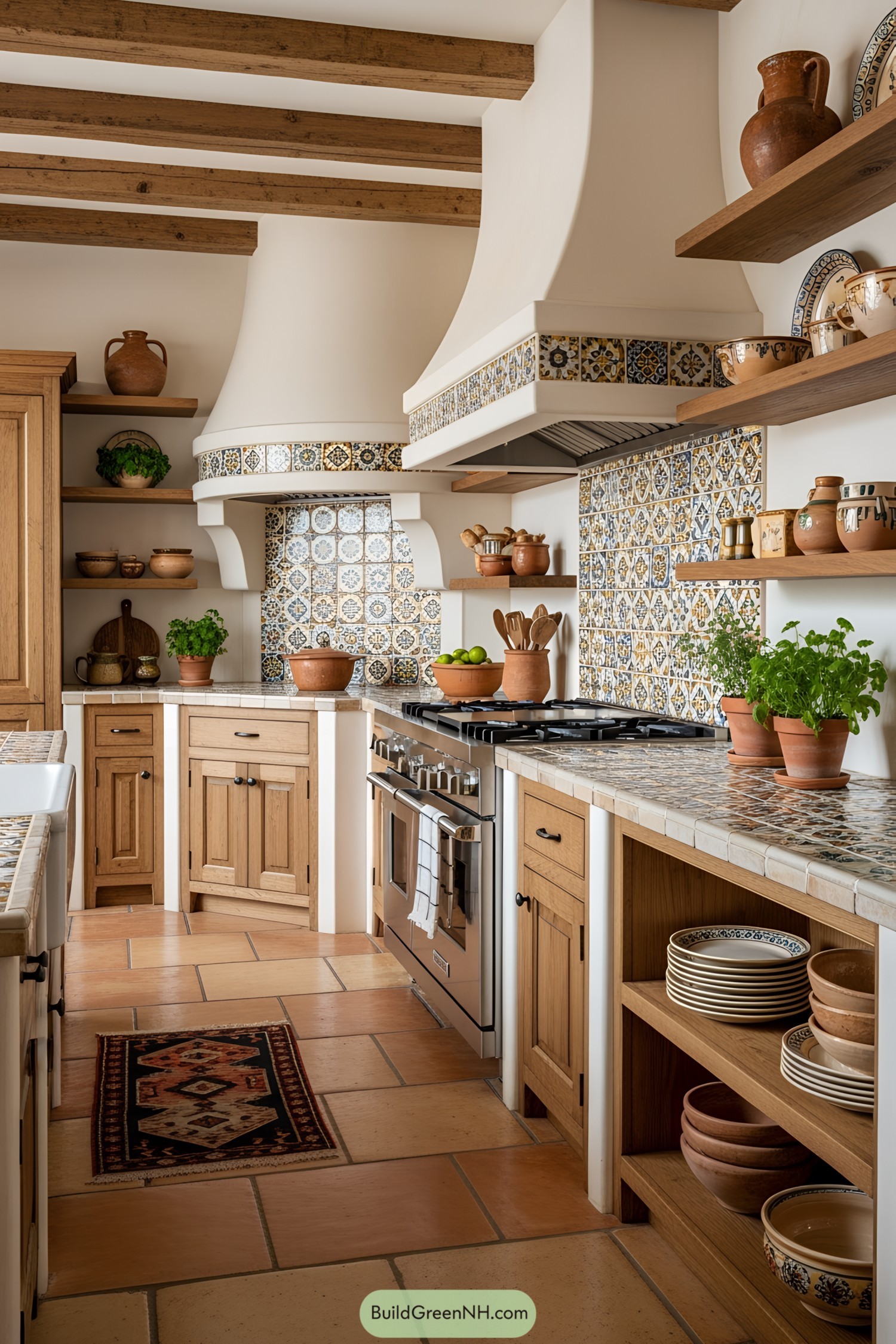 Spanish-style kitchen with colorful tiles and wooden beams