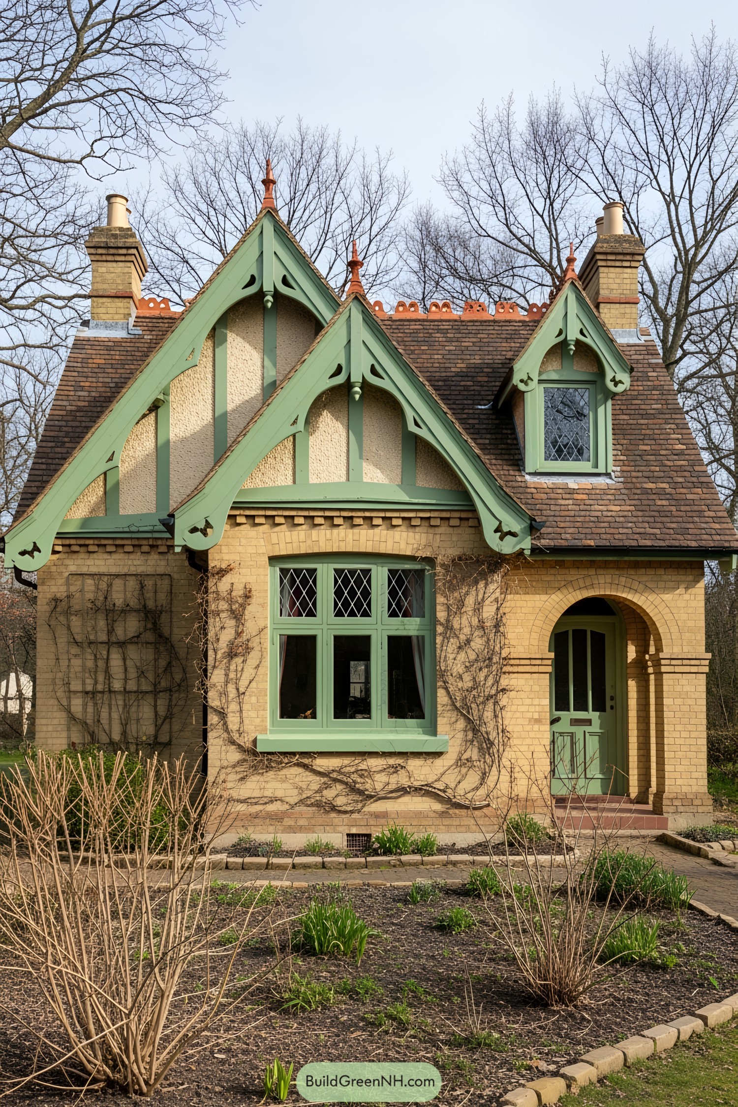 Charming Victorian cottage with green trim and brickwork