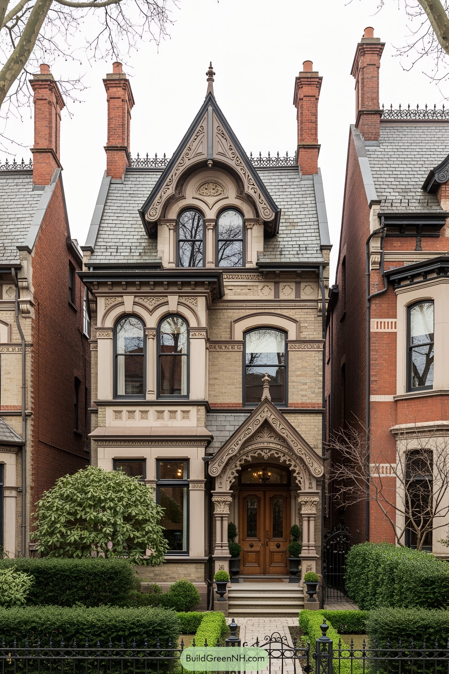 Victorian-style house with intricate detailing and tall chimneys