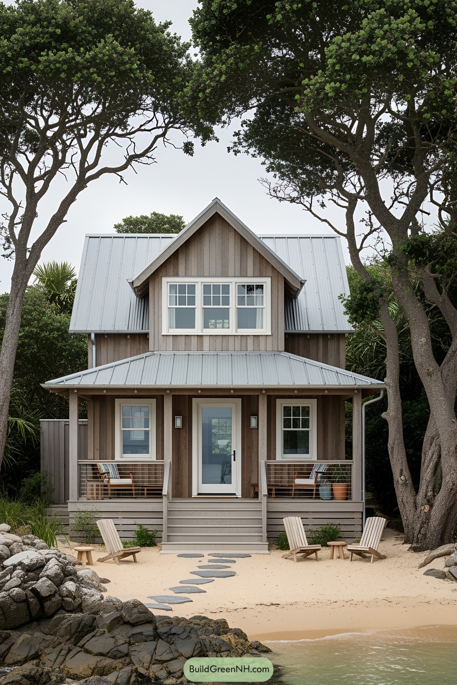Cozy beach house nestled between trees and rocks