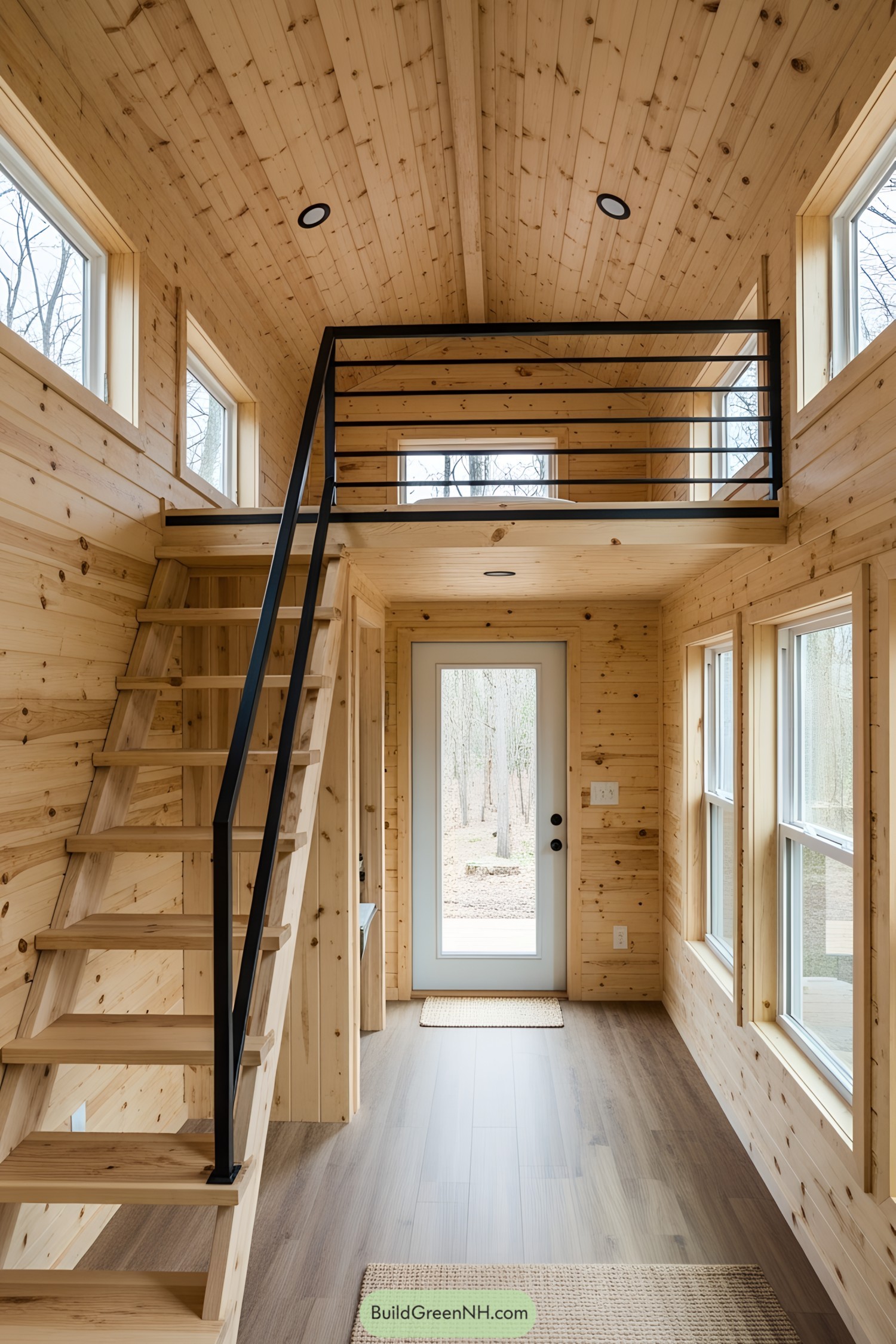 Wooden interior of a tiny house with a loft and stairs