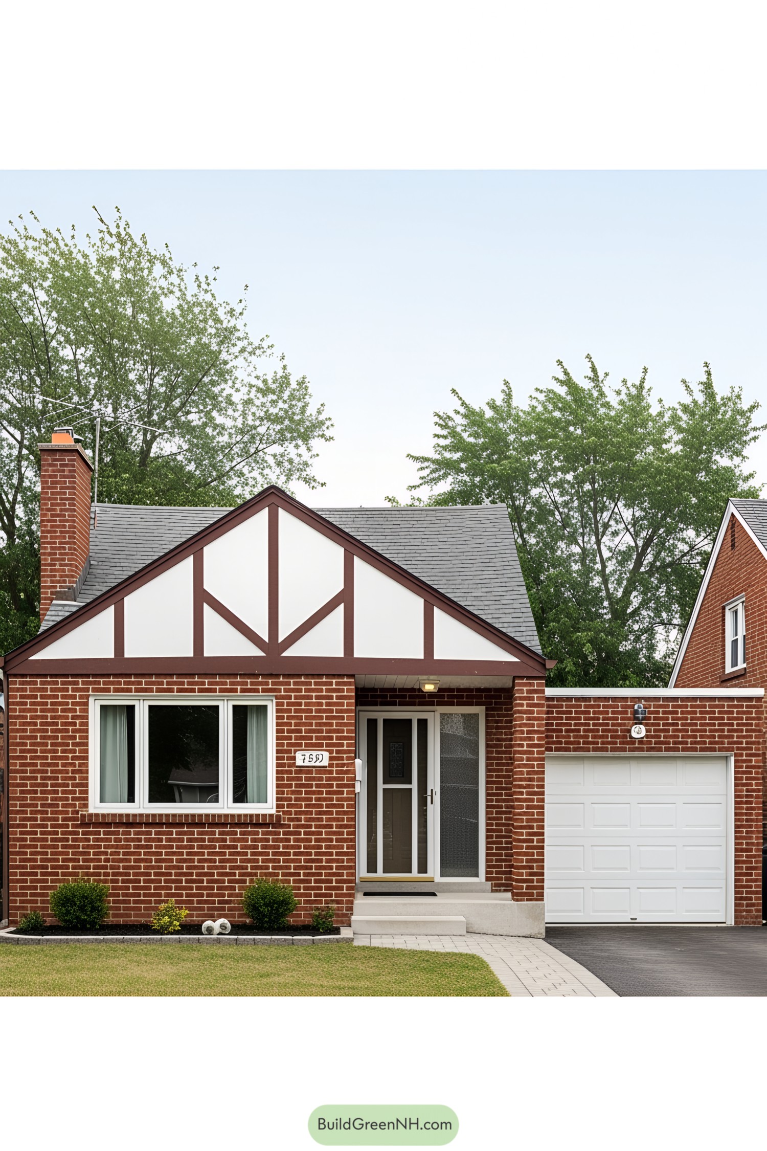 Brick bungalow with a garage and lush trees