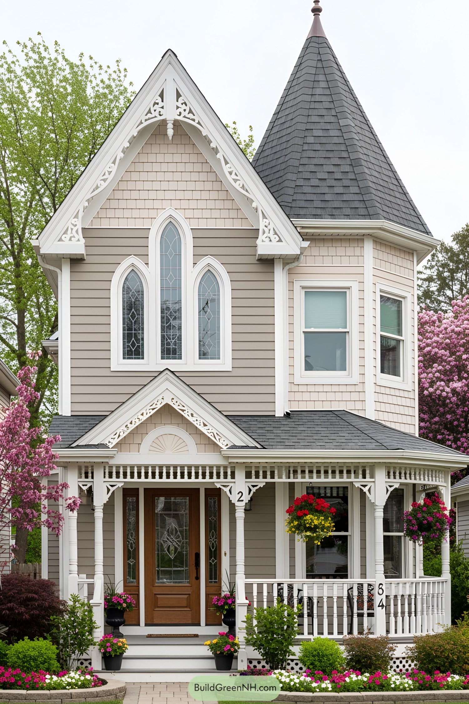 Small Victorian house with ornate trim and colorful plants