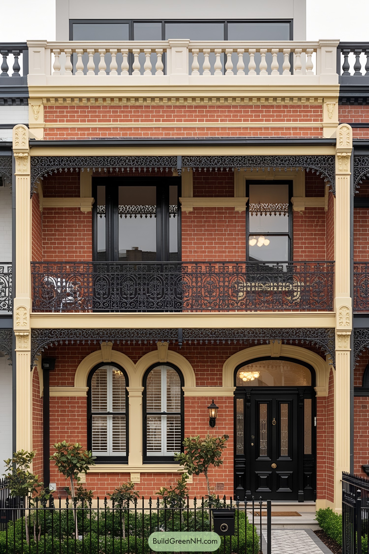 Victorian terrace with ornate ironwork and vibrant bricks