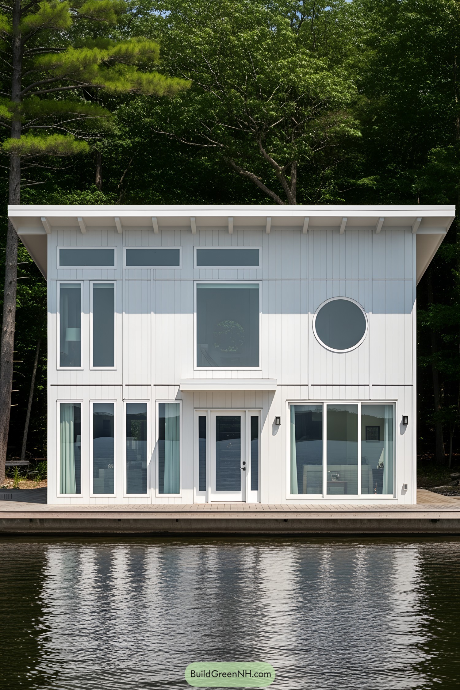 White floating house with large windows and circular window accent