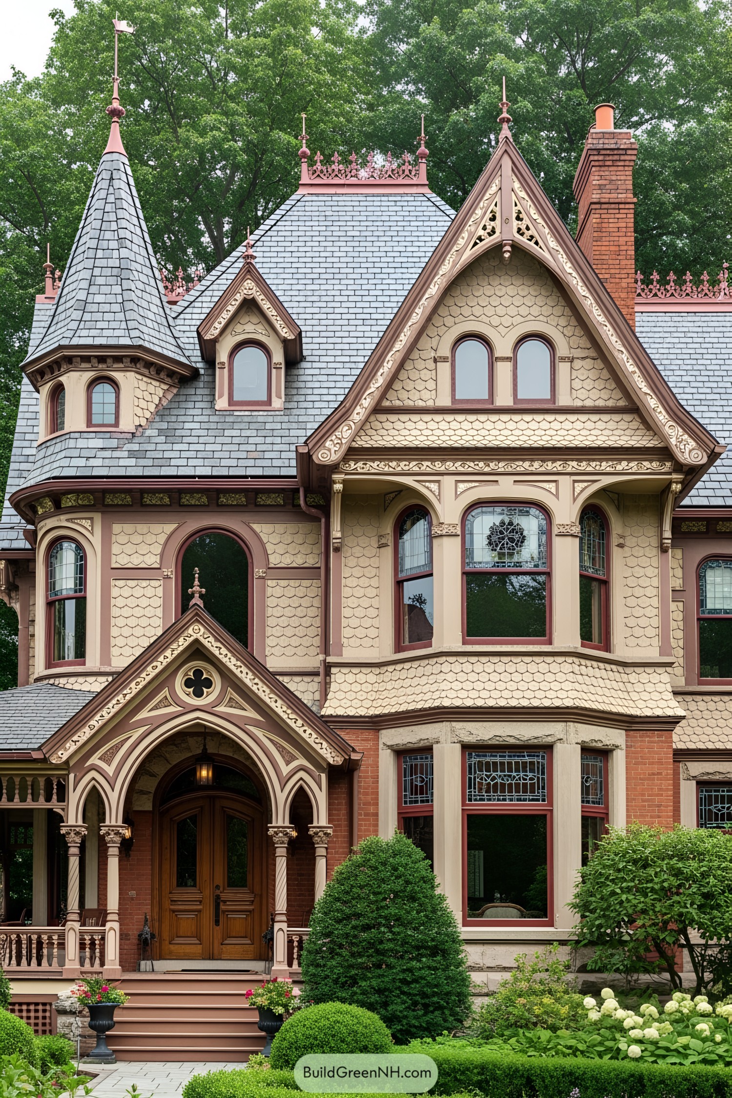 Gothic Victorian house with ornate features and lush garden