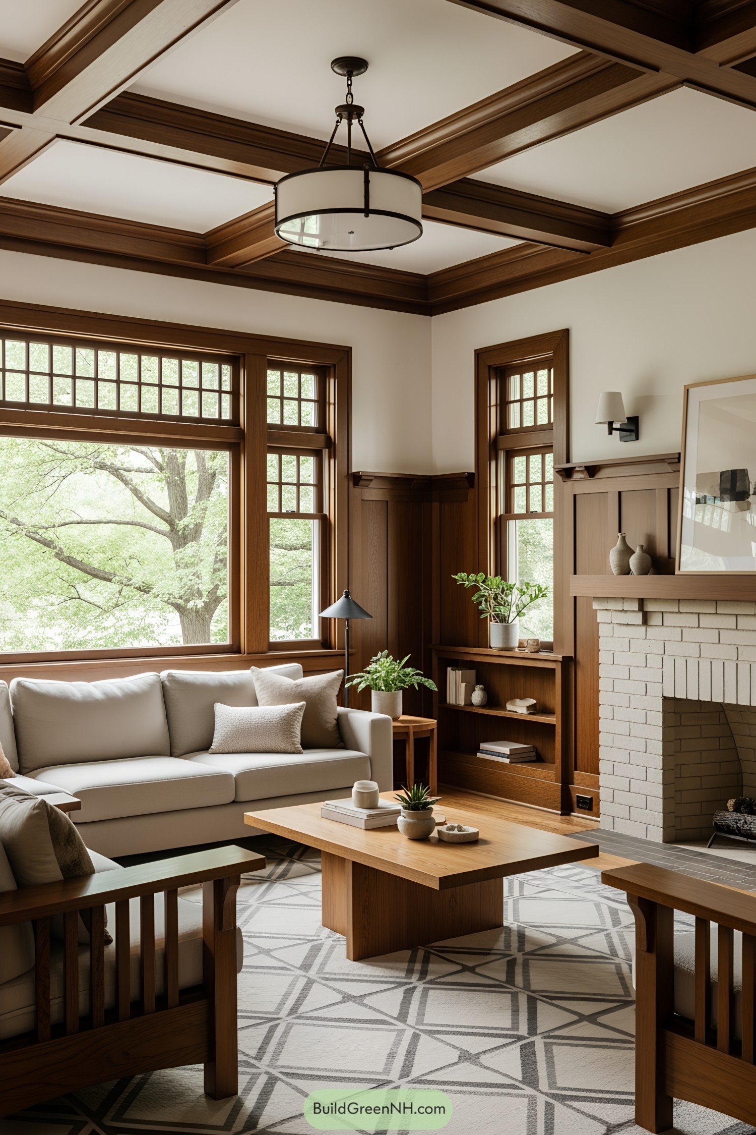 Living room with wooden accents and large windows