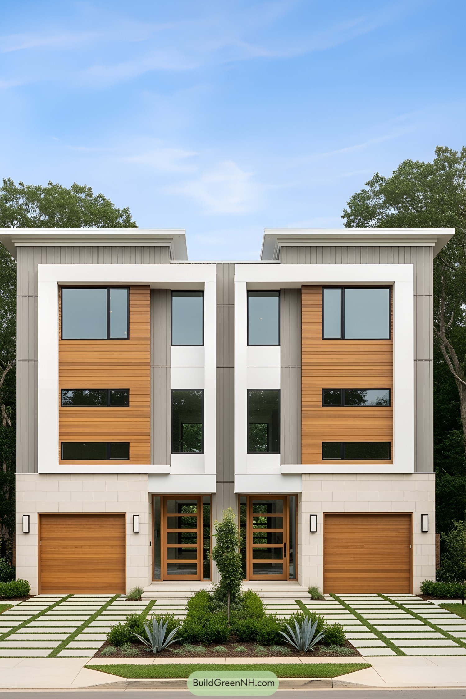 Modern duplex home with a sleek wooden and gray facade