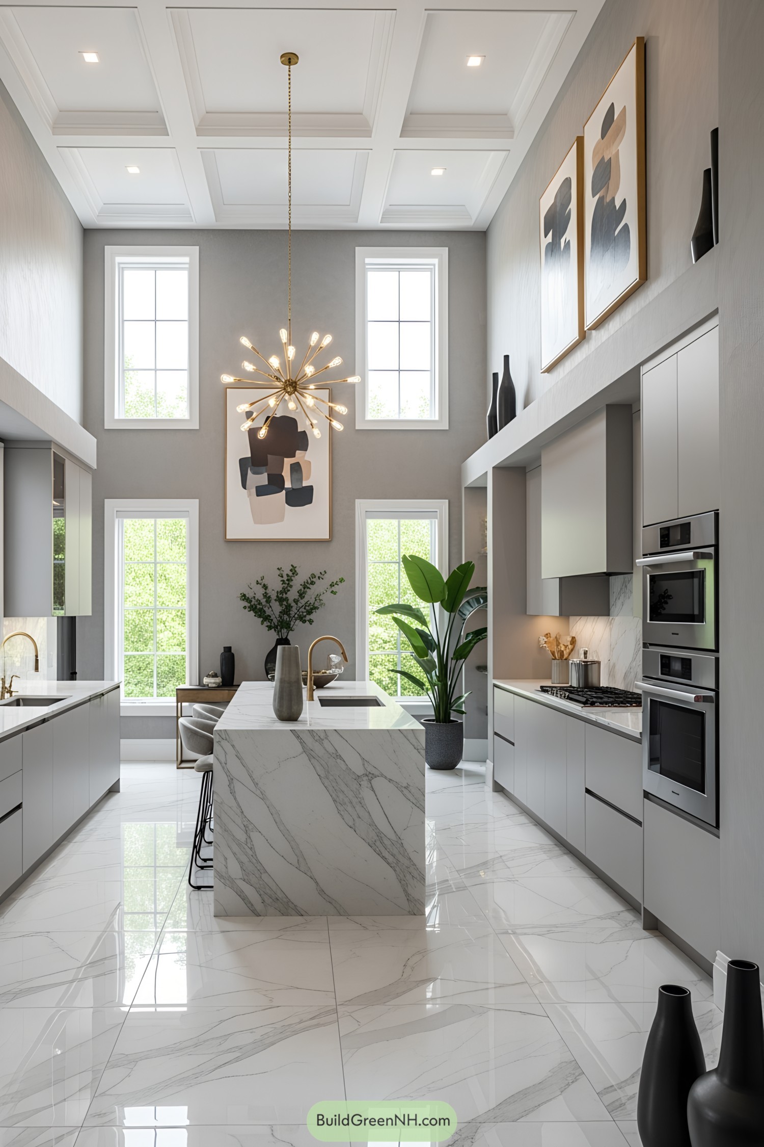 Modern kitchen with high ceilings and marble accents