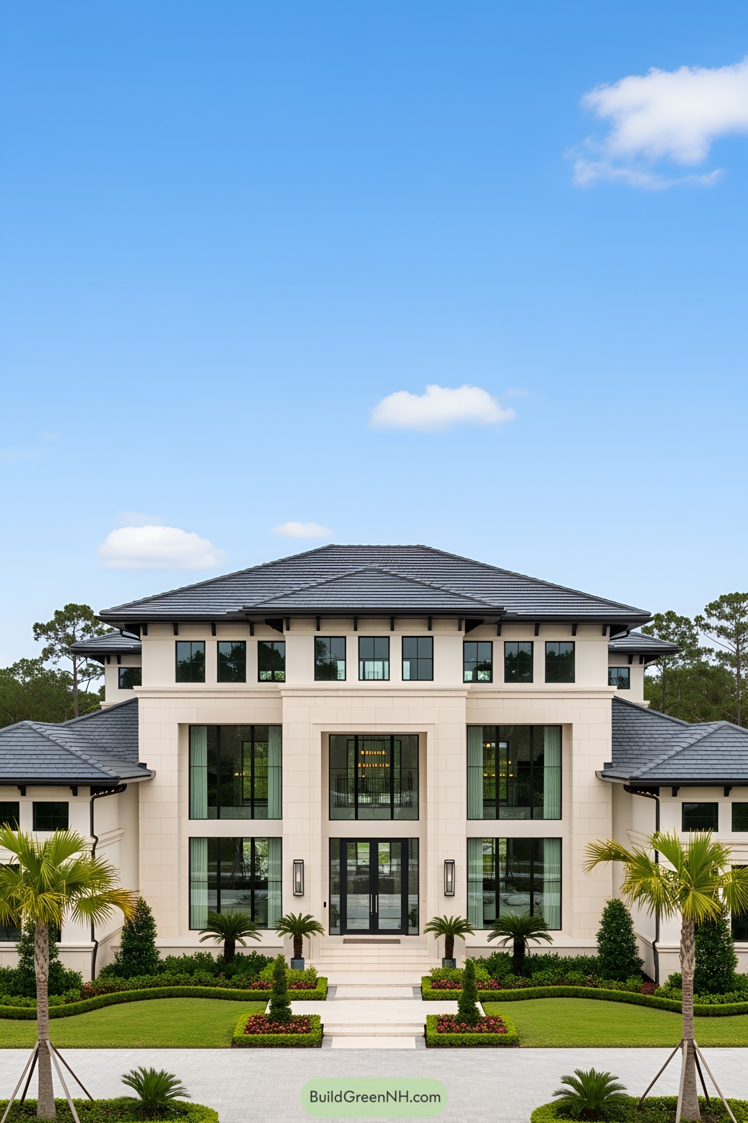 Luxury house with large windows and lush landscaping