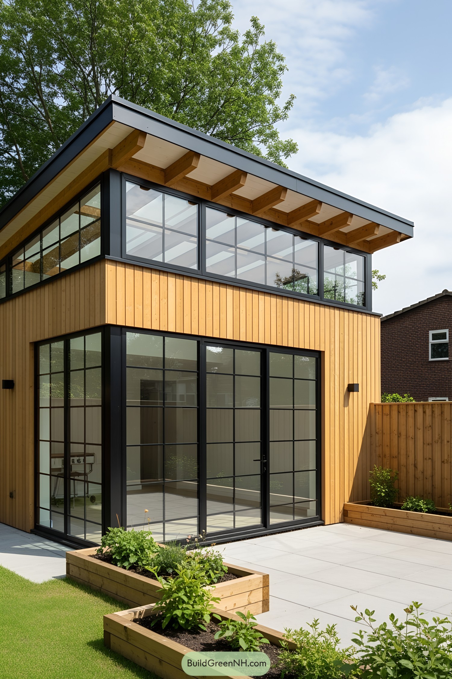 Modern glass terrace with wooden accents