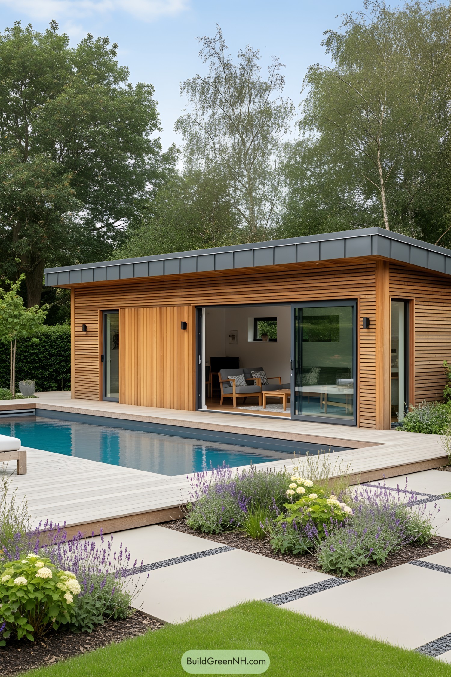 Modern pool house with wooden exterior and poolside view
