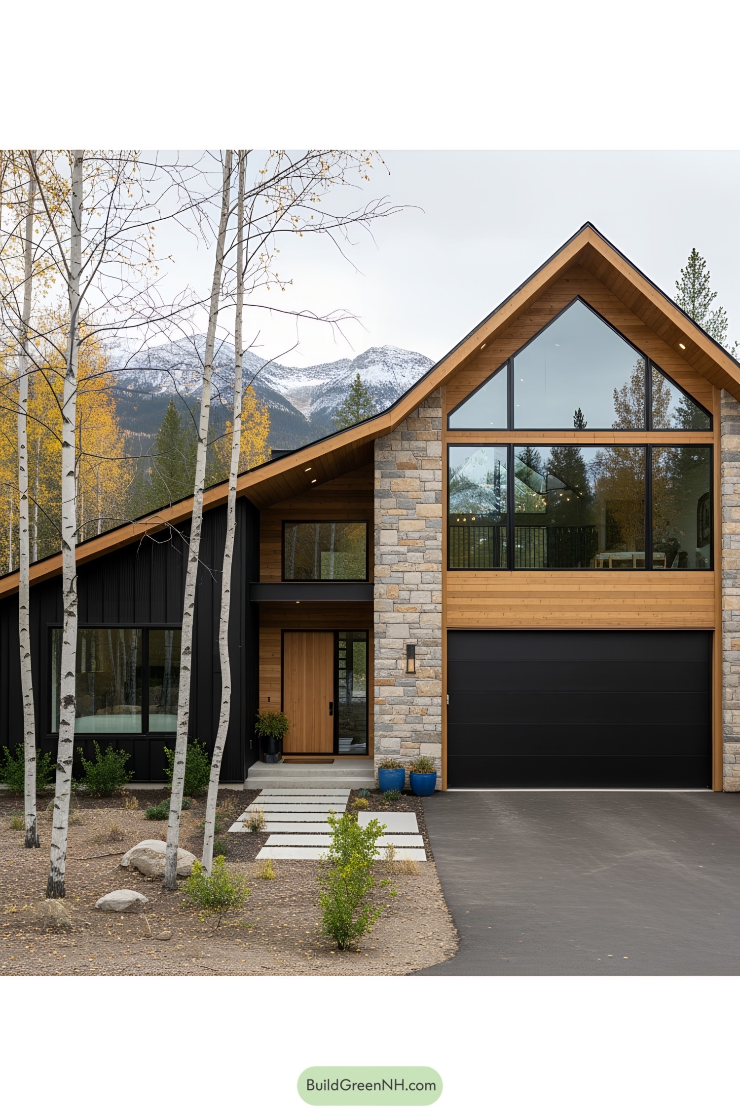 Contemporary house with wood and stone exterior