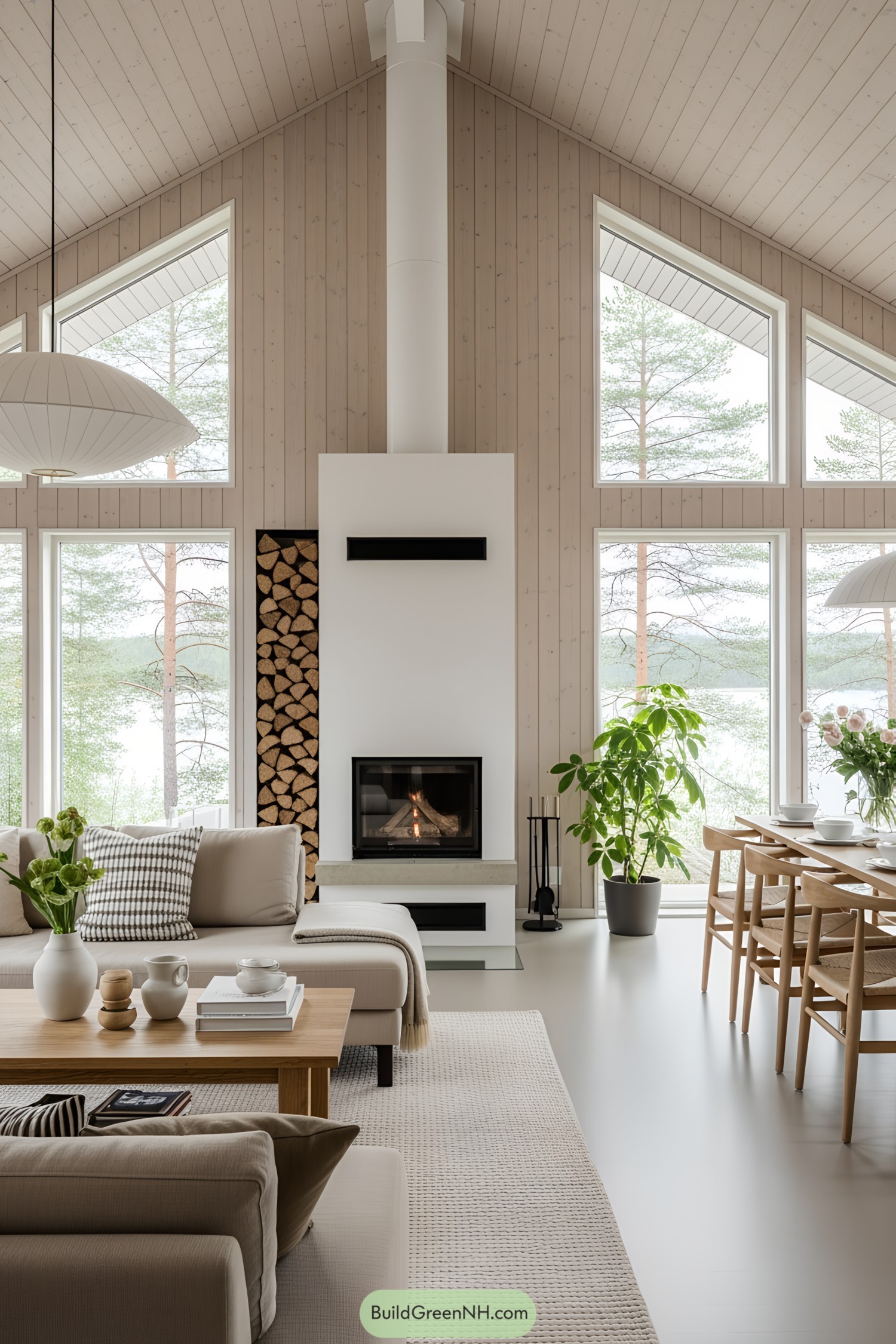 Bright lake house living room with large windows