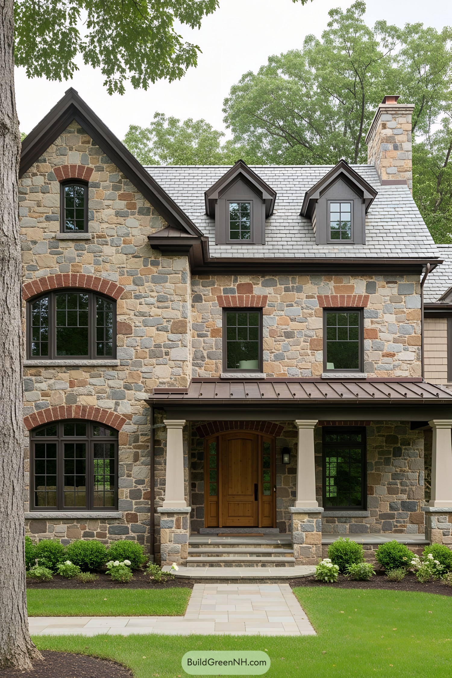 Inviting stone farmhouse with arched windows and trees