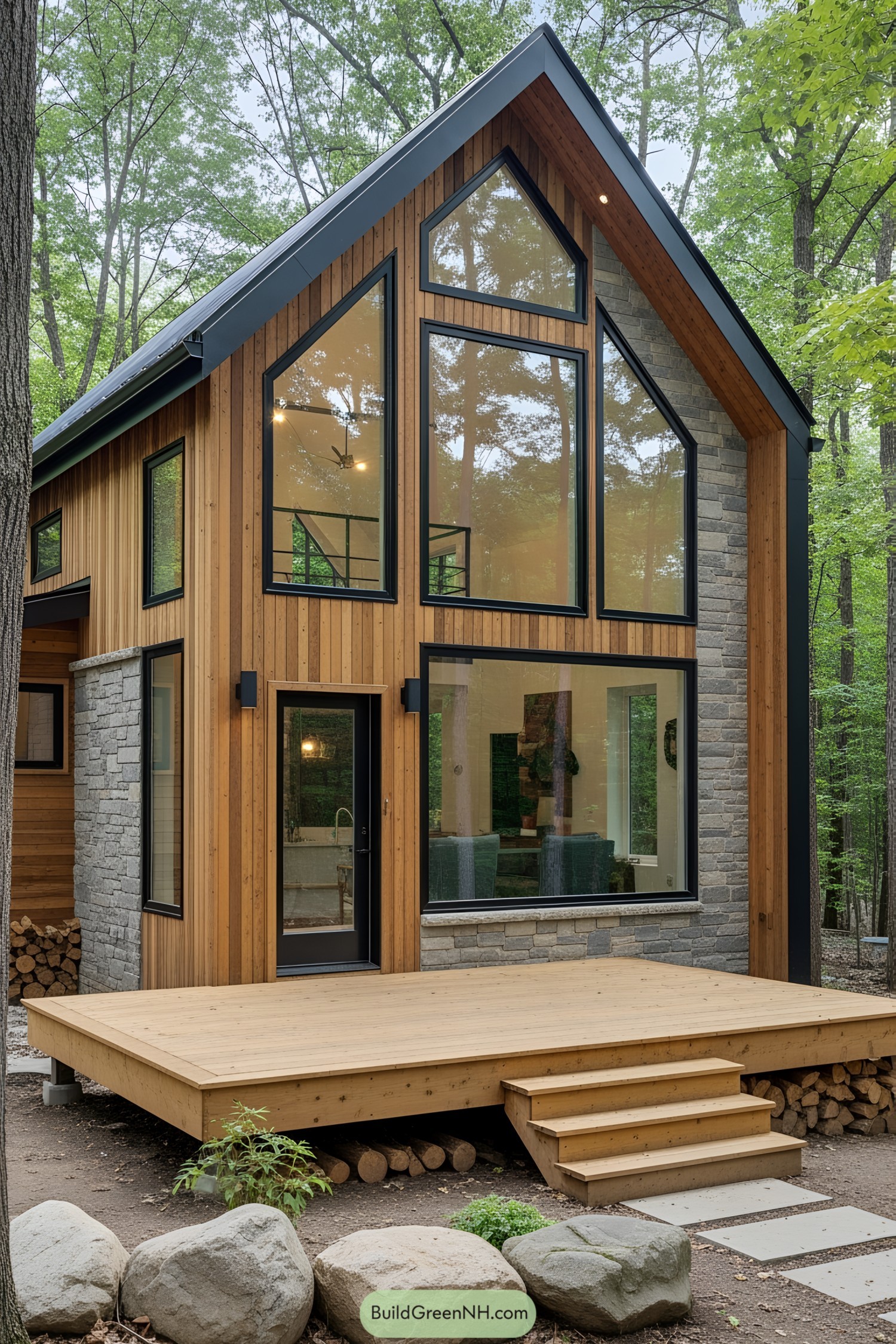 Modern rustic house with large windows and a wooden deck