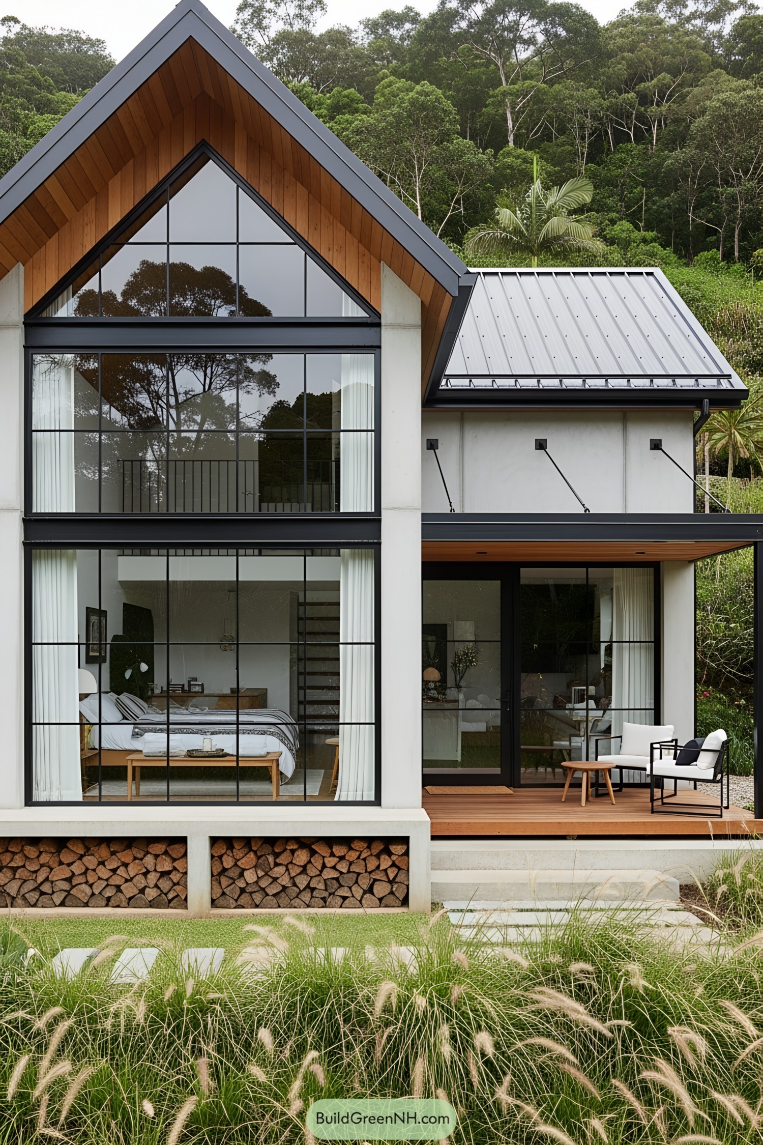 Modern house with large windows and lush surroundings