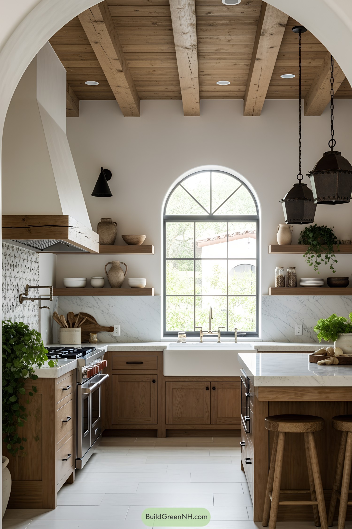 Charming Spanish kitchen with wooden beams and white walls