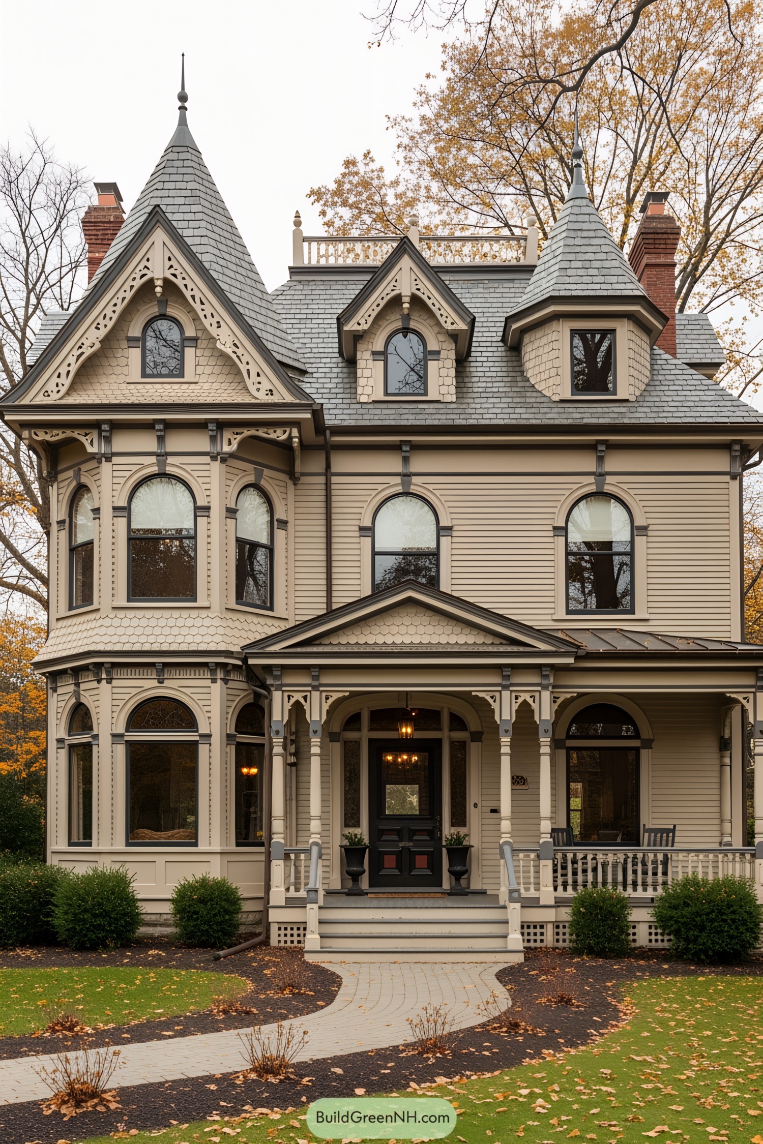 A Victorian cottage with ornate gables and pointed roofs