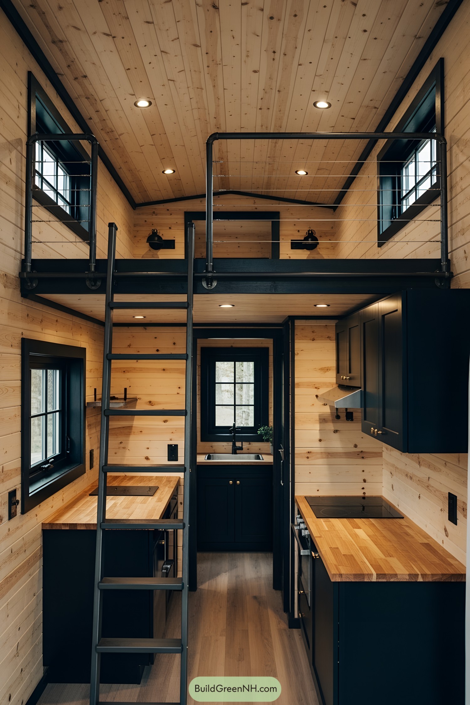 Lofted barn tiny house interior with wooden paneling and kitchen
