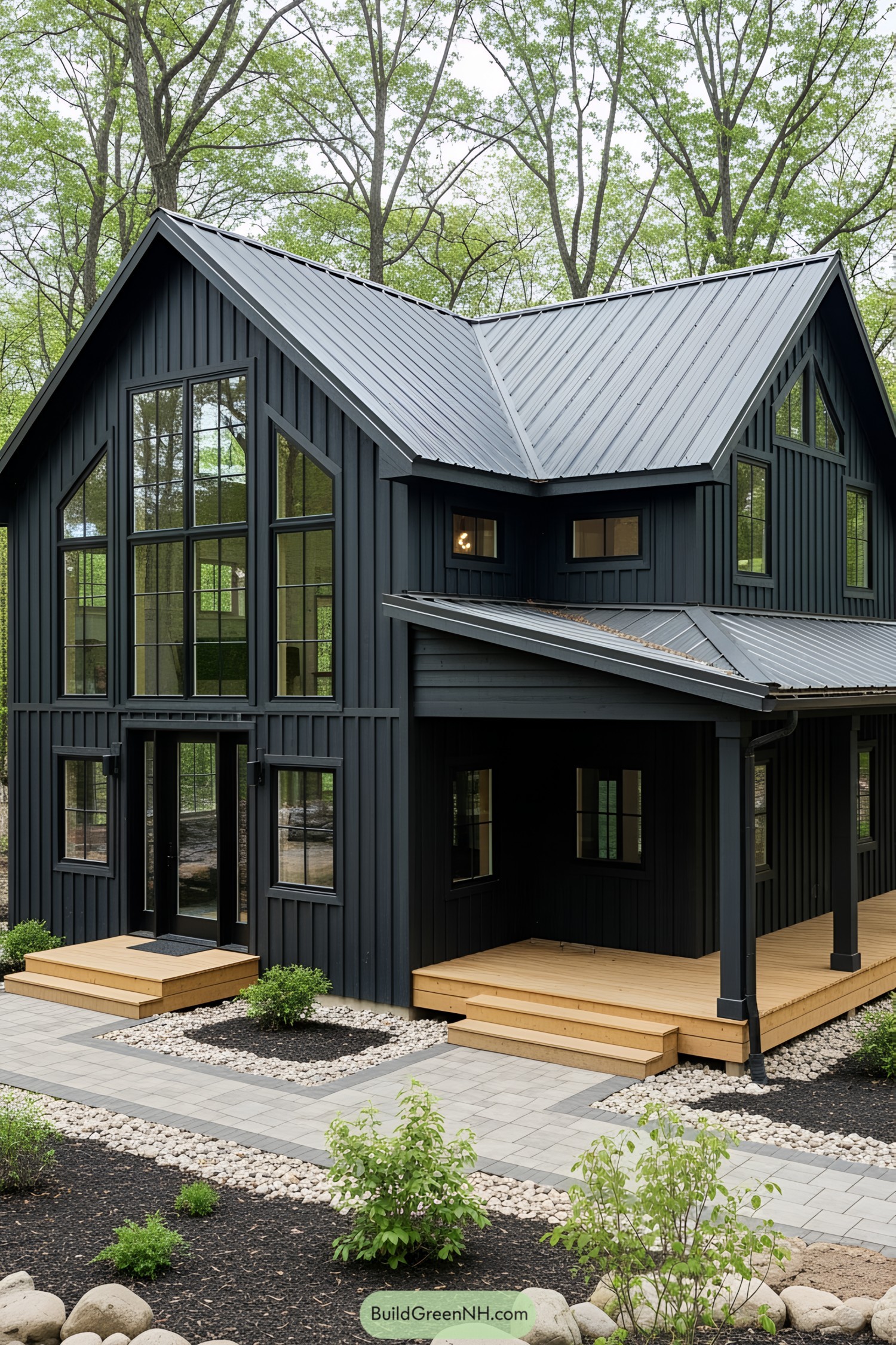 Black barn house with modern design surrounded by trees