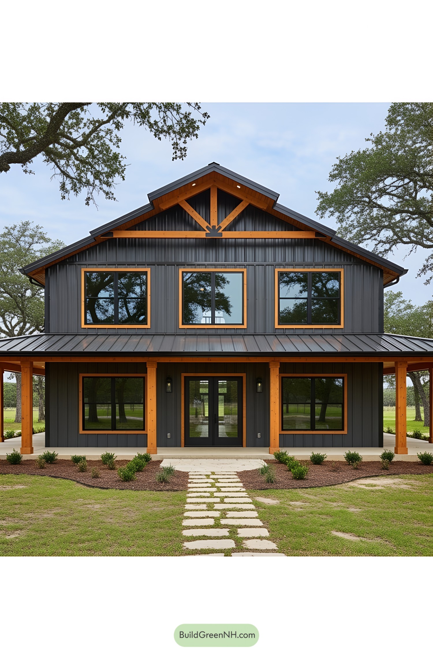 Modern barn-style house with a wraparound porch