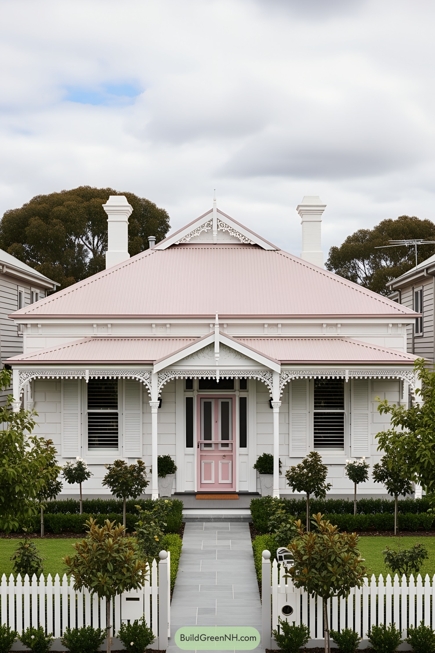 Charming pink Victorian house with ornate details