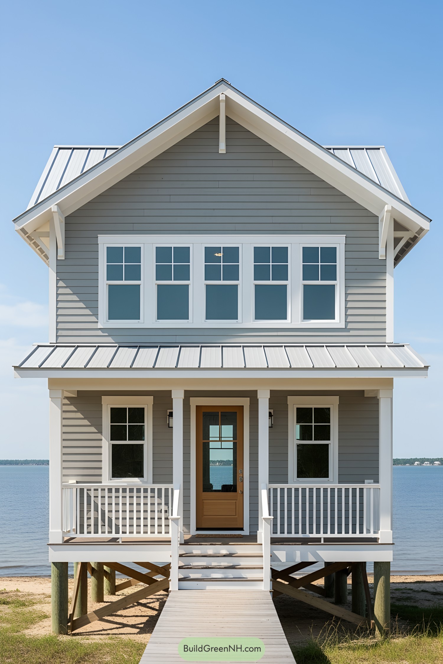 Elevated beach house with gray siding and white trim overlooking calm waters