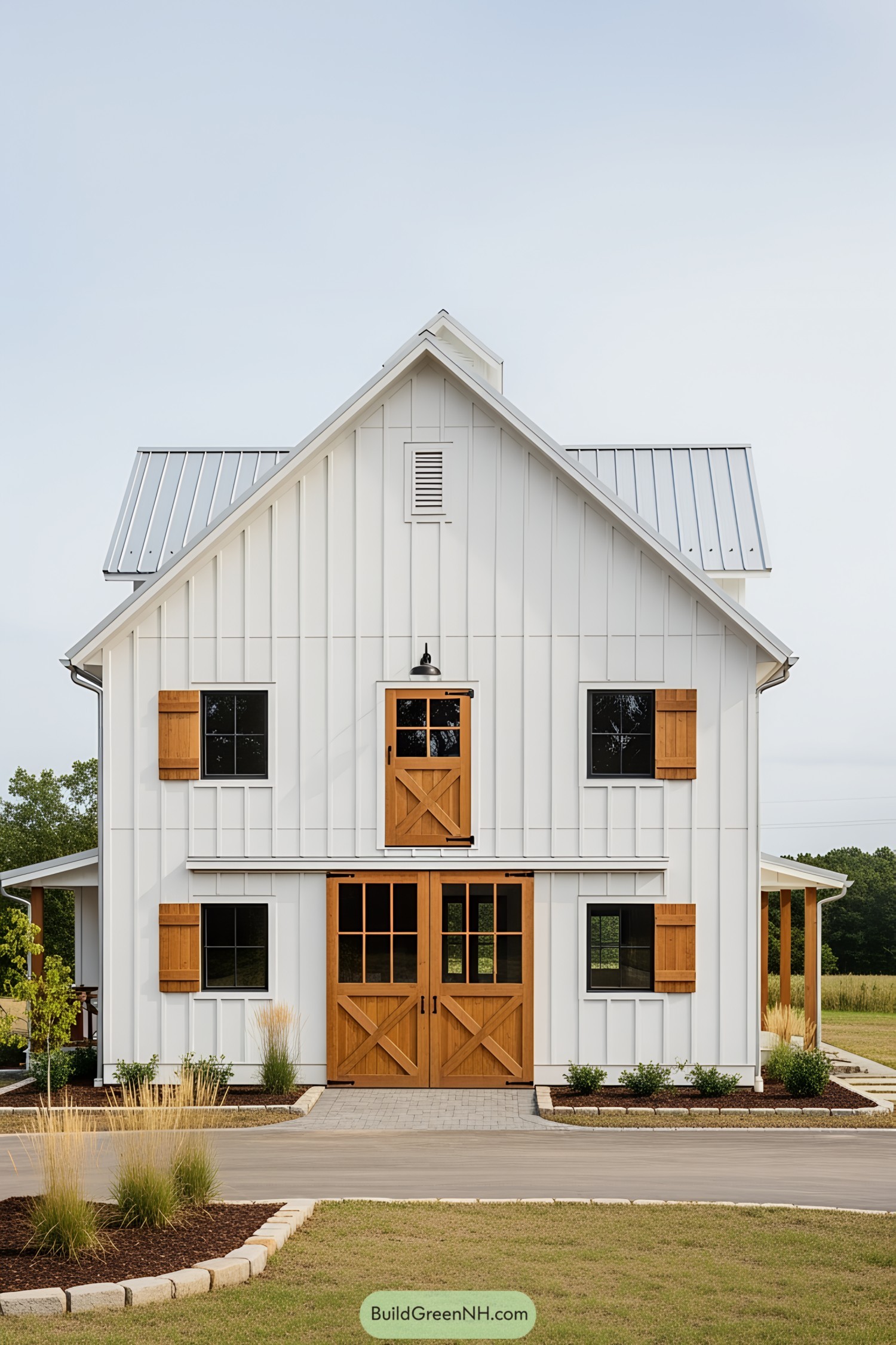 White barn house with wooden accents and metal roof