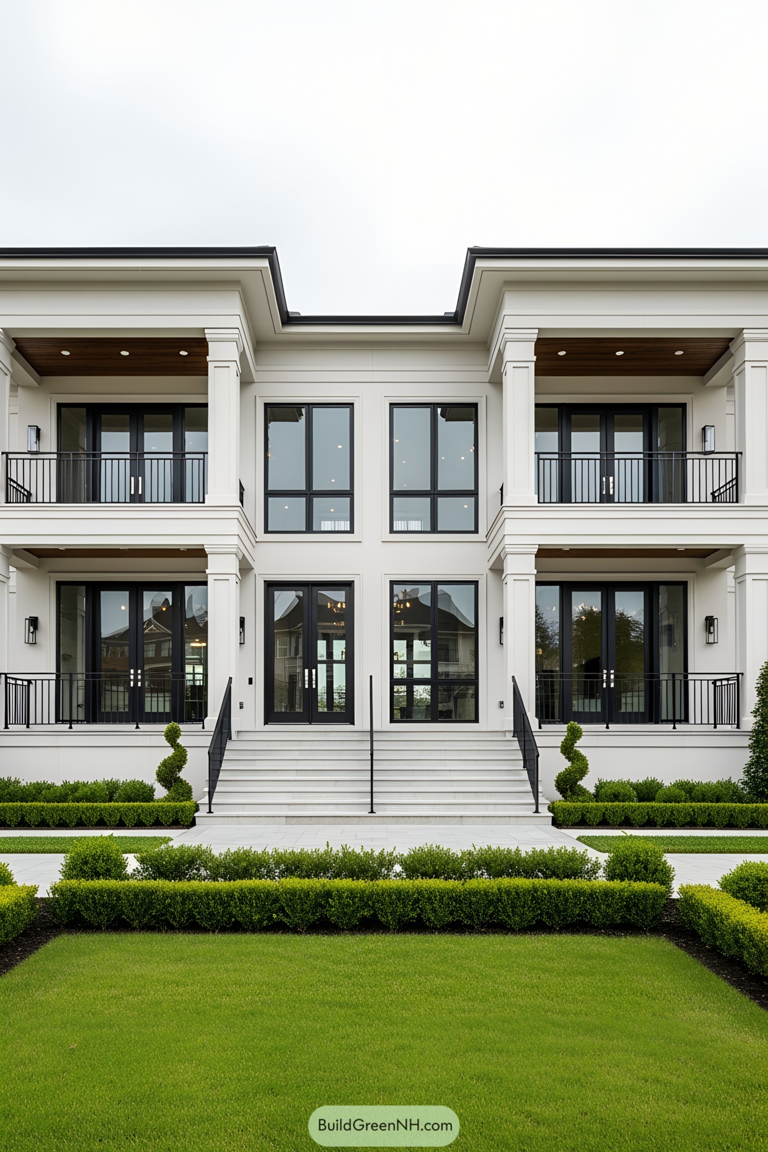 Elegant duplex facade with manicured garden