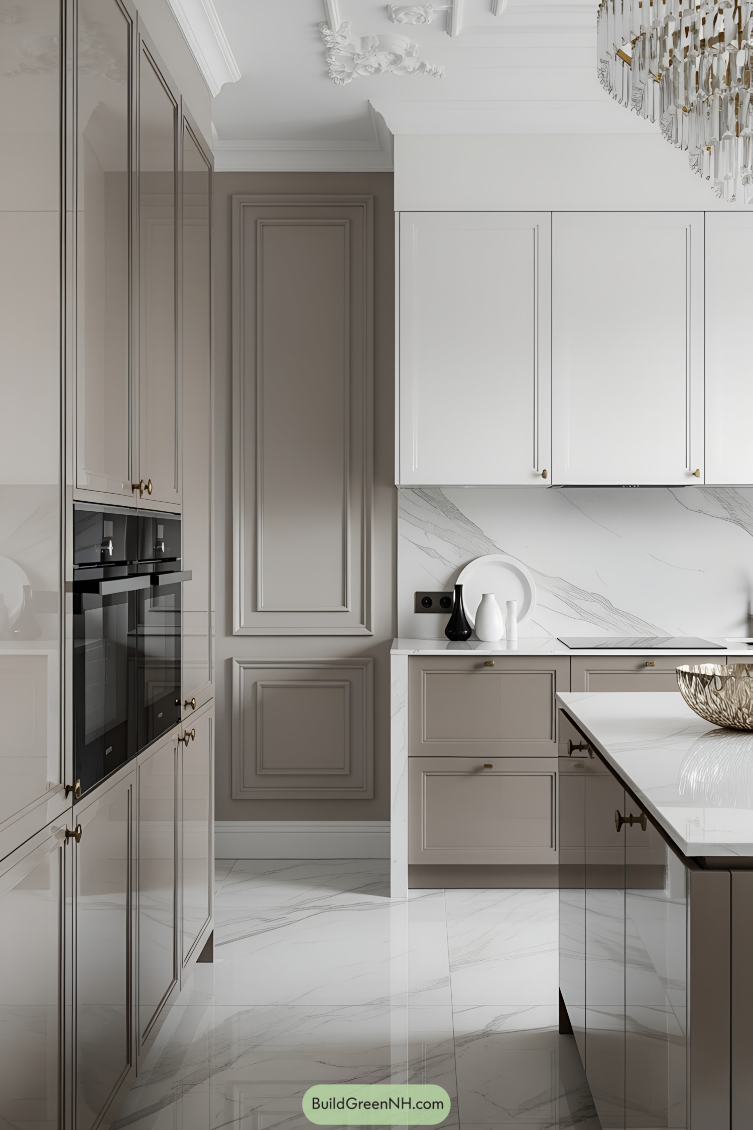 Luxurious kitchen with high-gloss finishes and ornate ceiling