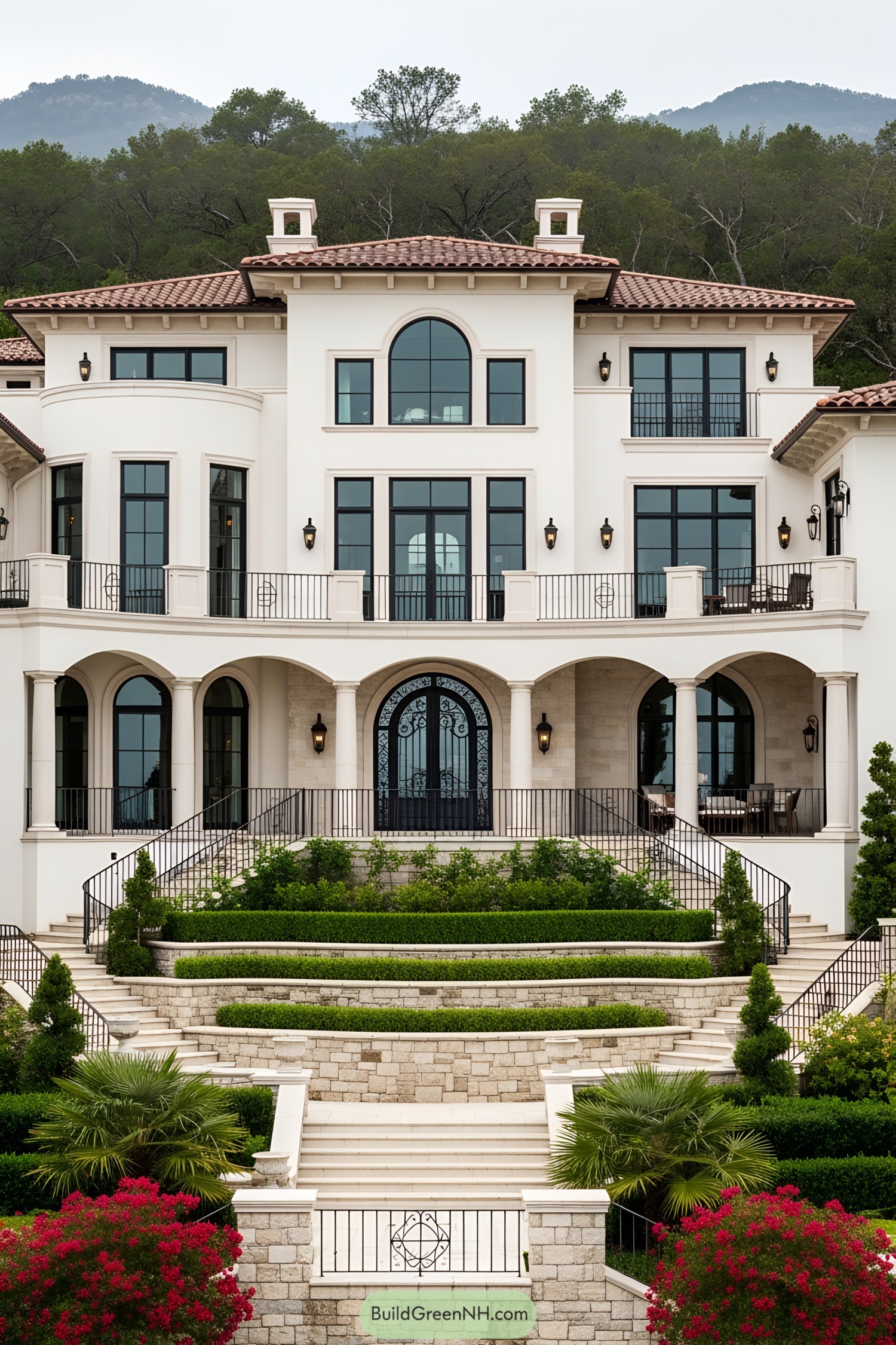 Luxurious villa with layered gardens and arched windows