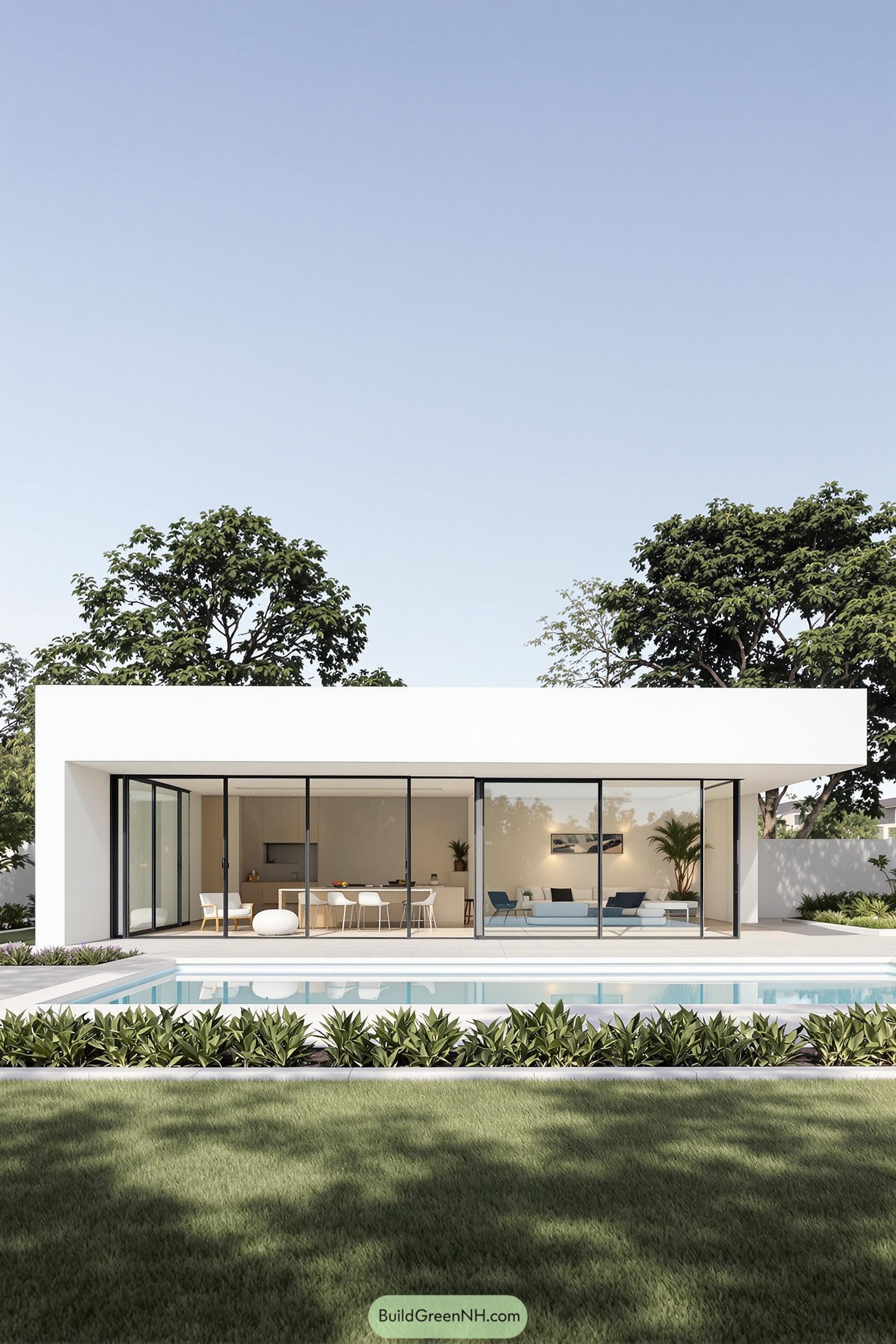 Sleek, minimalist bungalow with a pool and greenery
