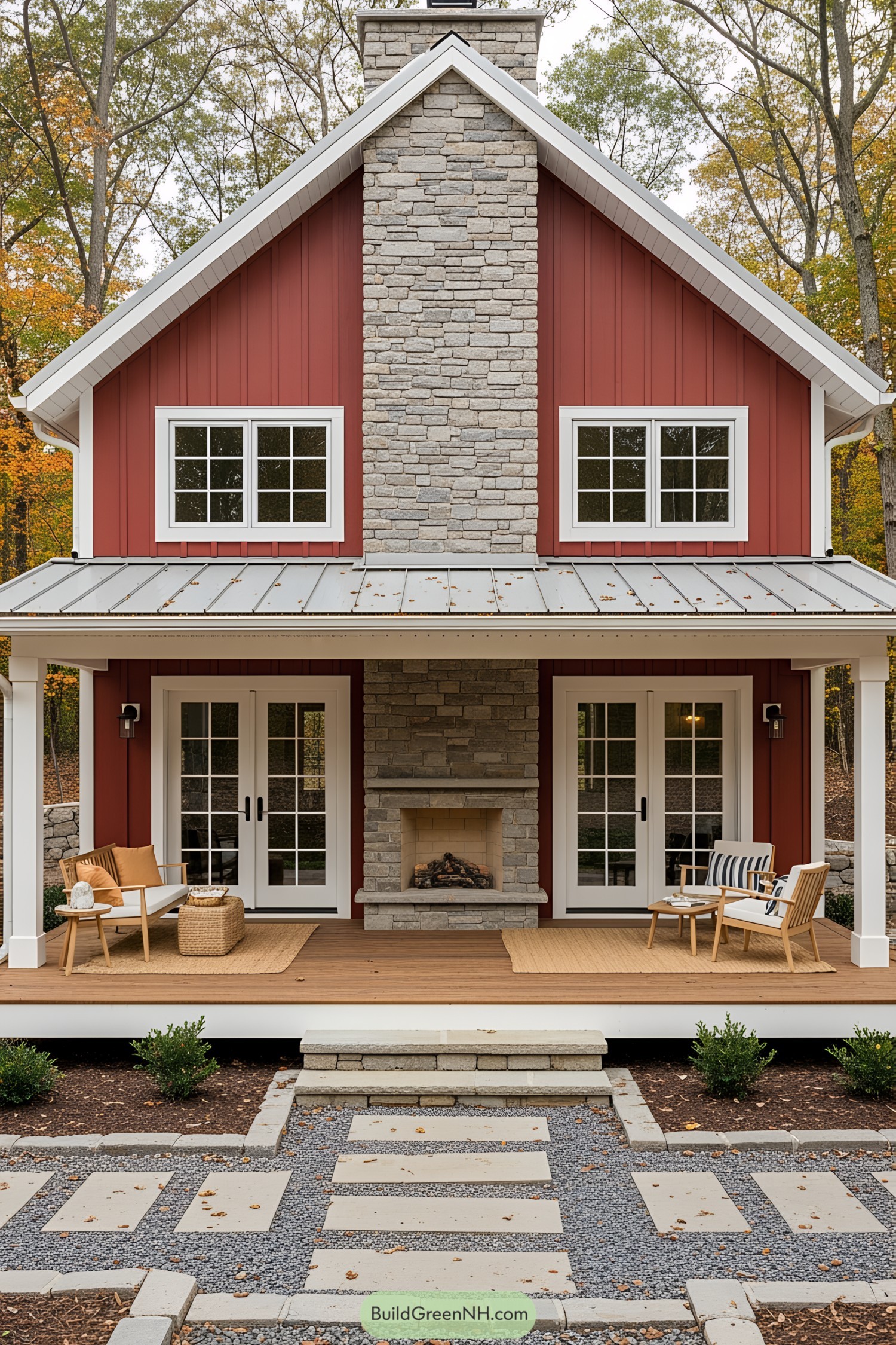 Red cabin with stone chimney and cozy porch